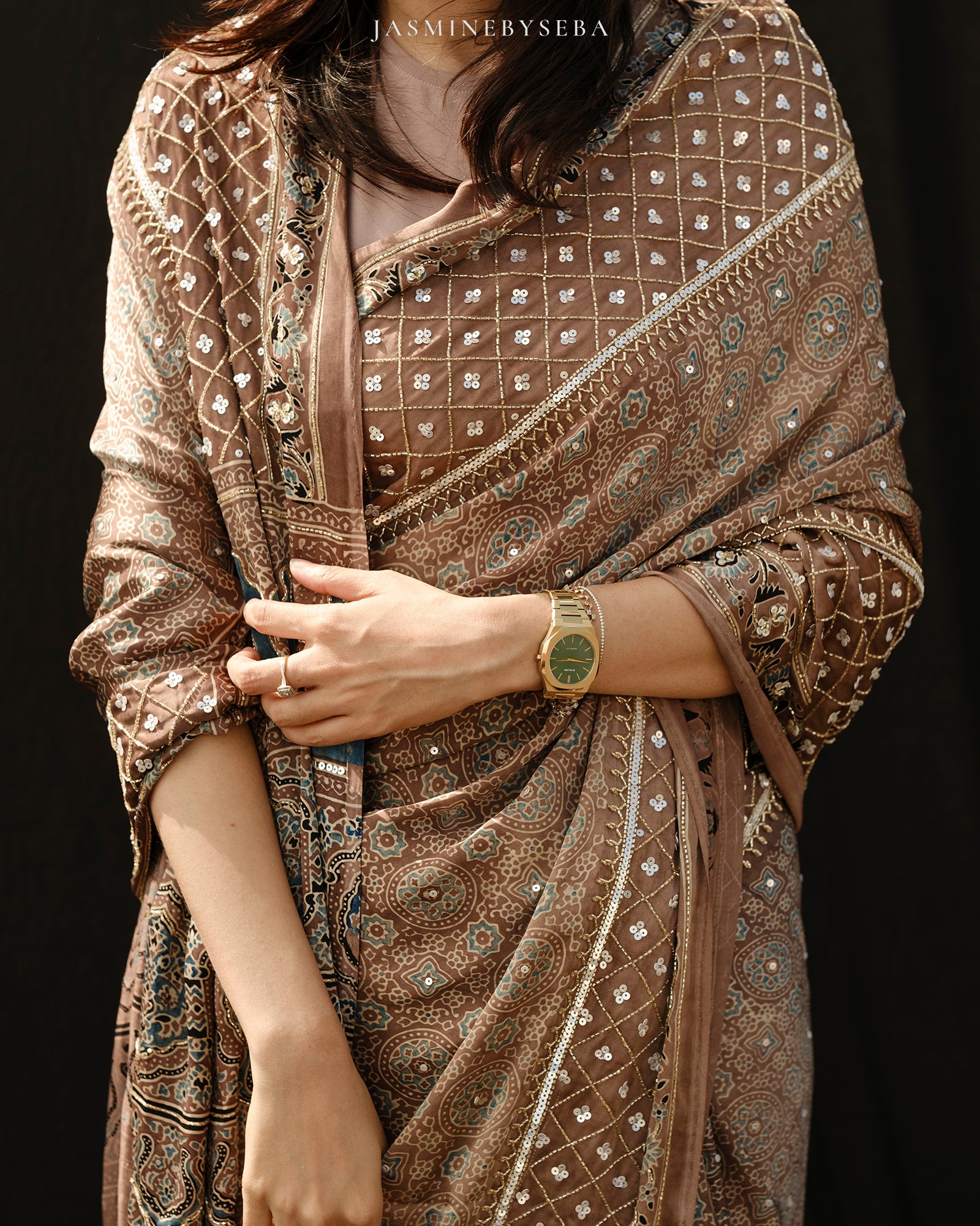 Ajrakh pure modal silk hand dyed, hand block printed and handworked saree
