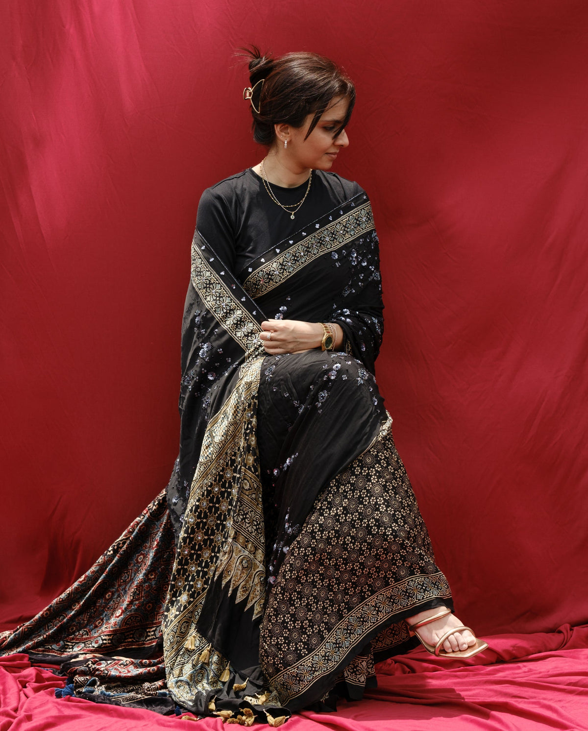 Ajrakh pure modal silk hand dyed, hand block printed and handworked saree