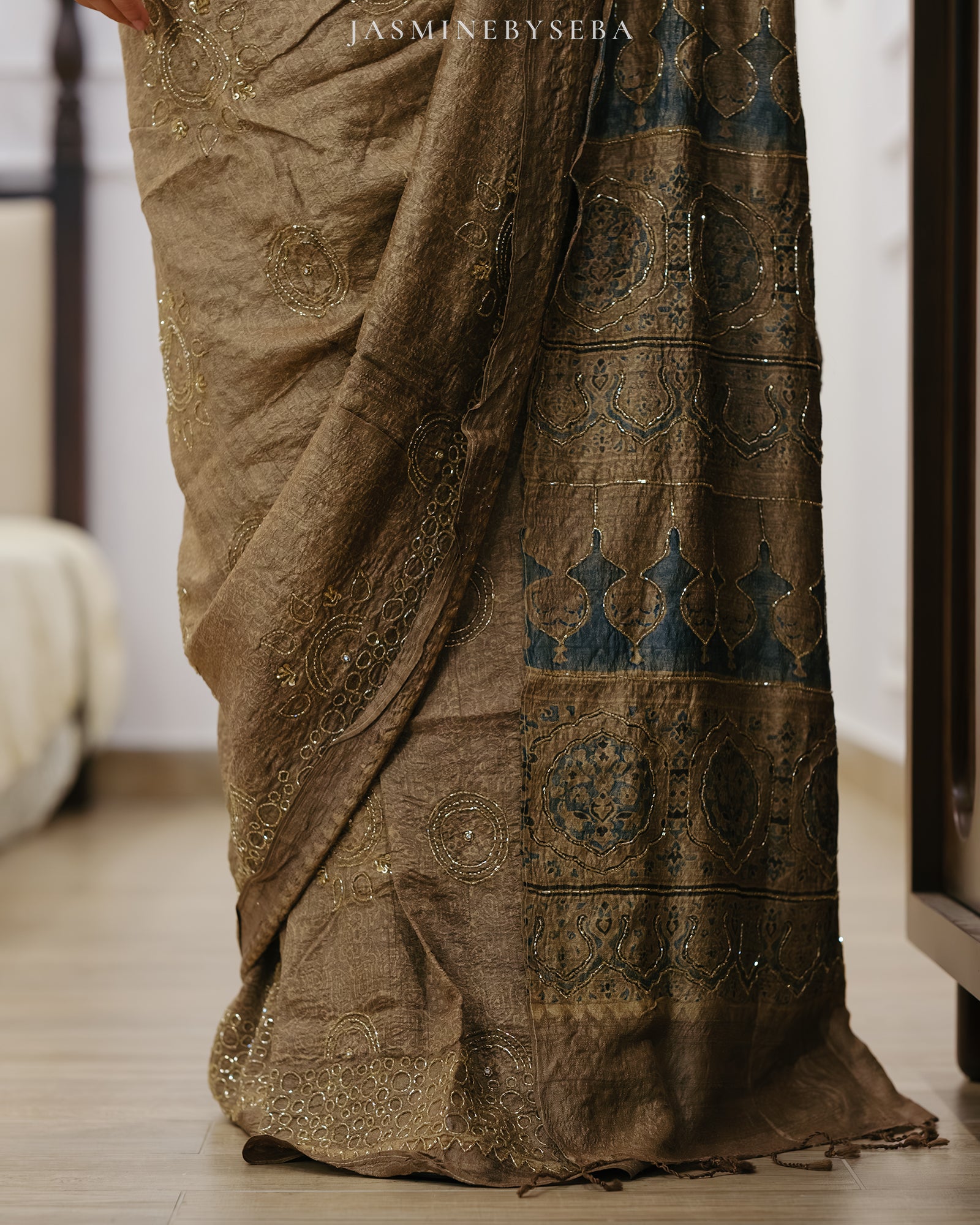 Ajrakh pure handloom tussar silk hand dyed, hand block printed and handworked saree