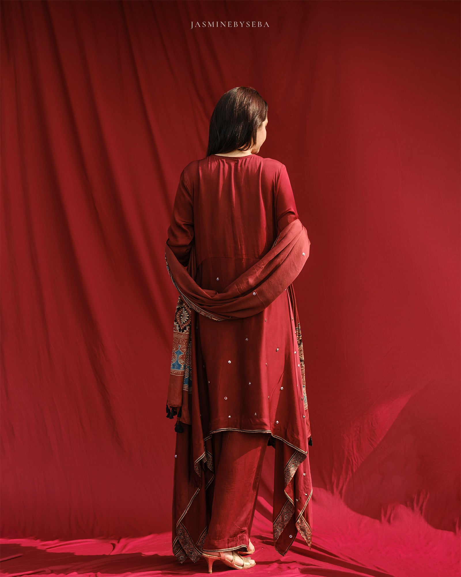 Ajrakh hand dyed hand block printed modal silk A line salwar set with cut bead handwork