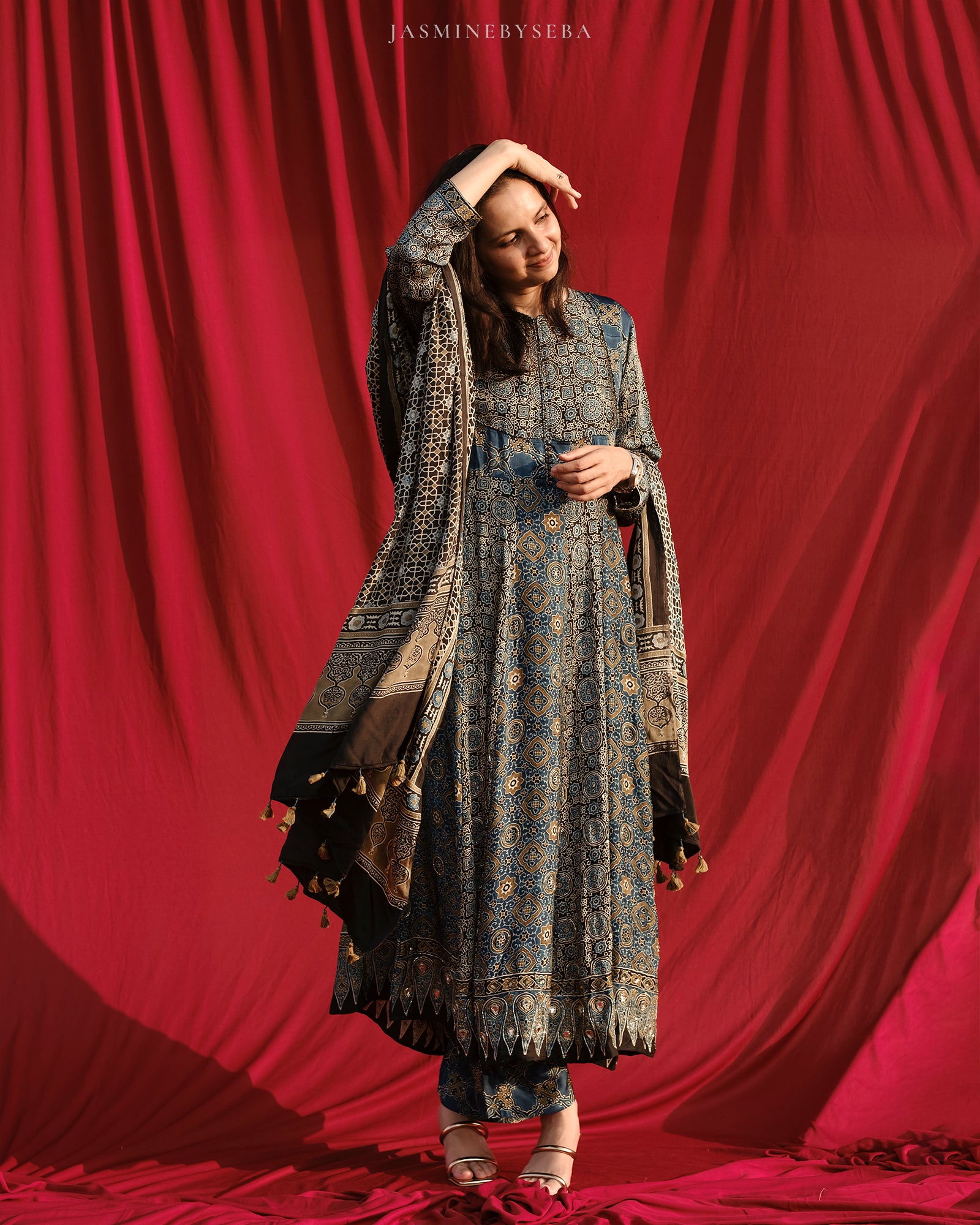 Ajrakh hand dyed hand block printed modal silk panel cut anarkali set with cut bead handwork