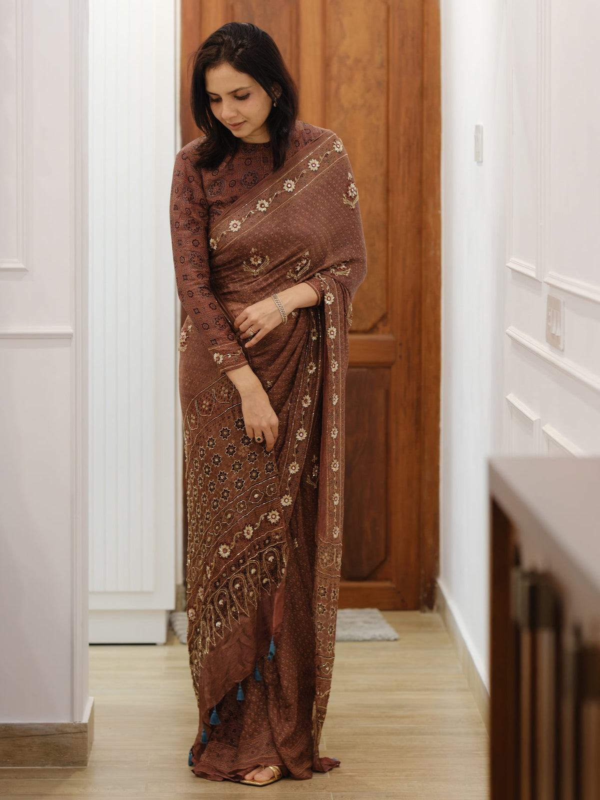 Ajrakh pure kota silk hand dyed, hand block printed and handworked saree