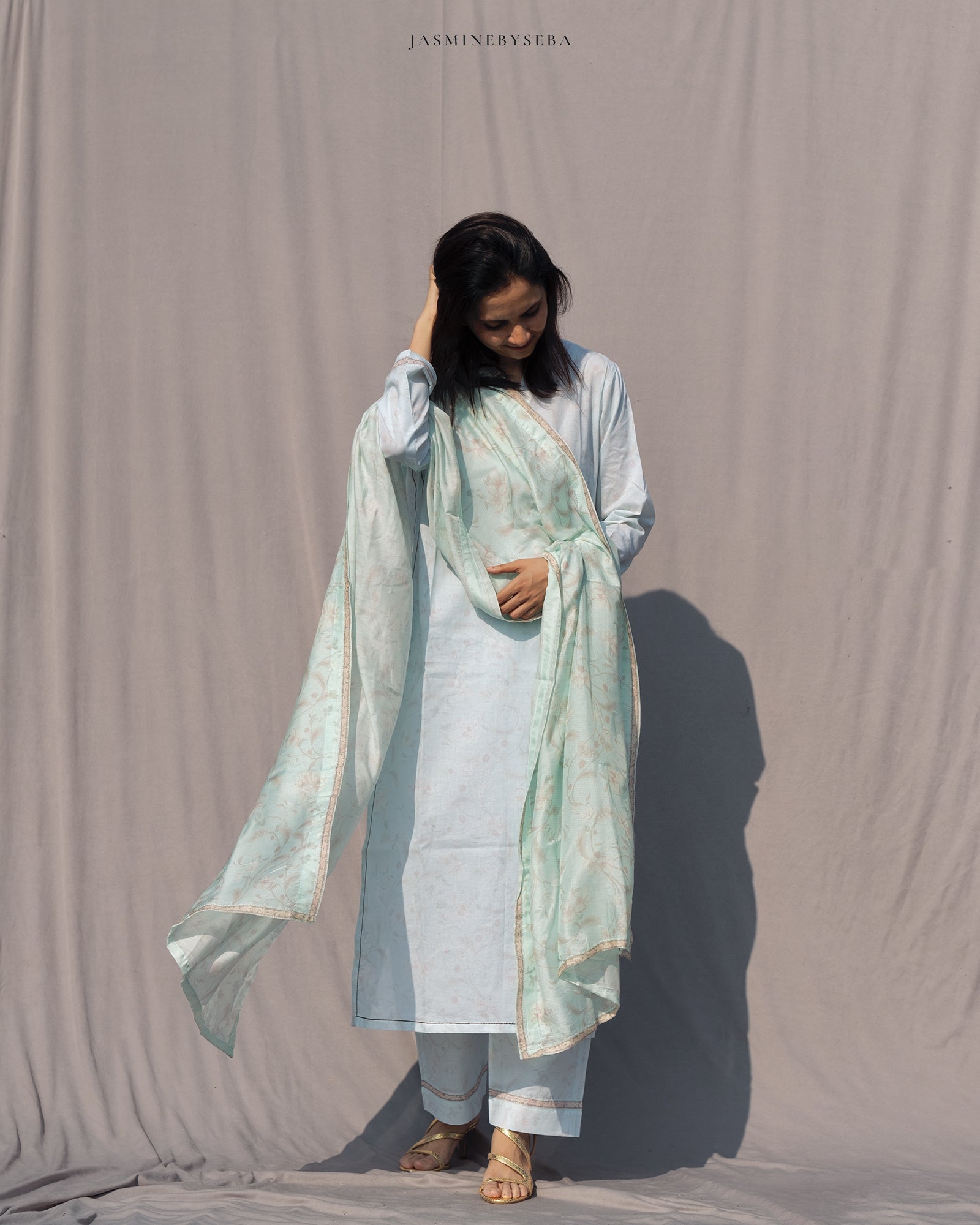 Jasmine in-house printed straight cut set in cotton lawn with modal silk dupatta