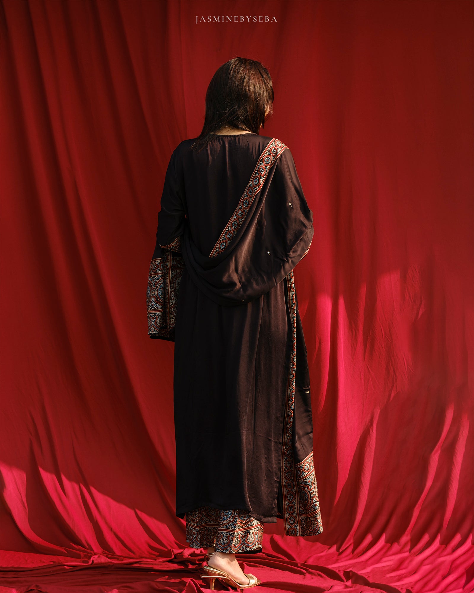 Ajrakh hand block printed modal silk straight cut salwar set with cutbead handwork