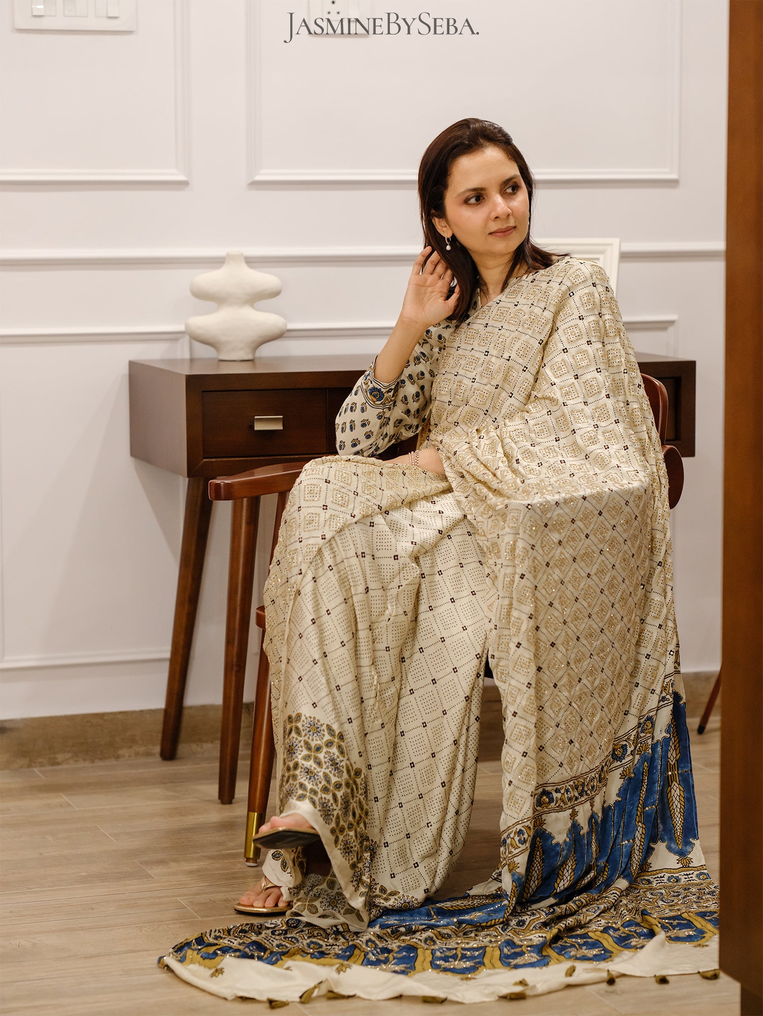 Ajrakh pure modal silk hand dyed, hand block printed and handworked saree