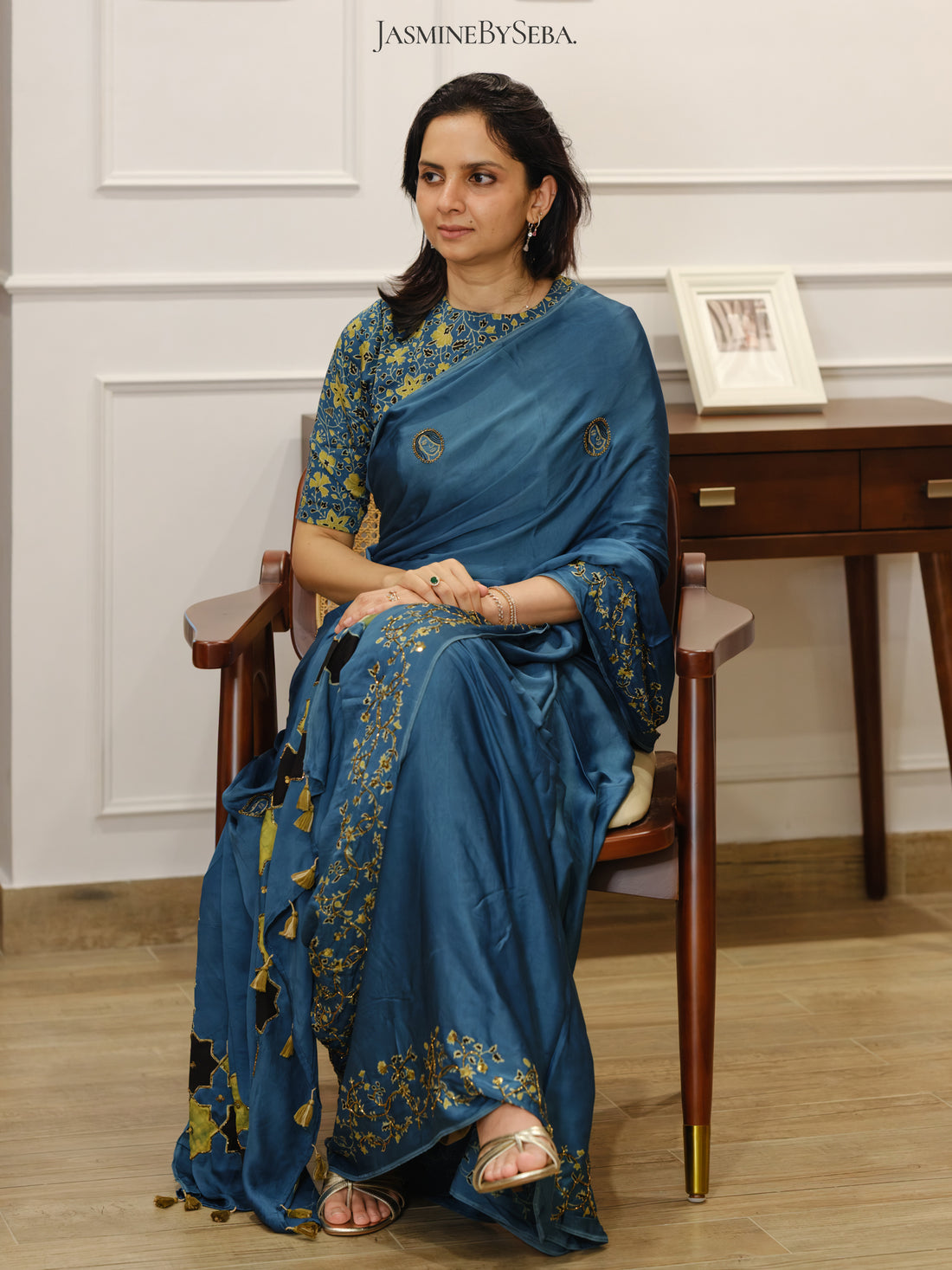 Bespoke ‘Jasmine’ hand printed Ajrakh pure modal silk hand dyed, hand block printed and handworked saree