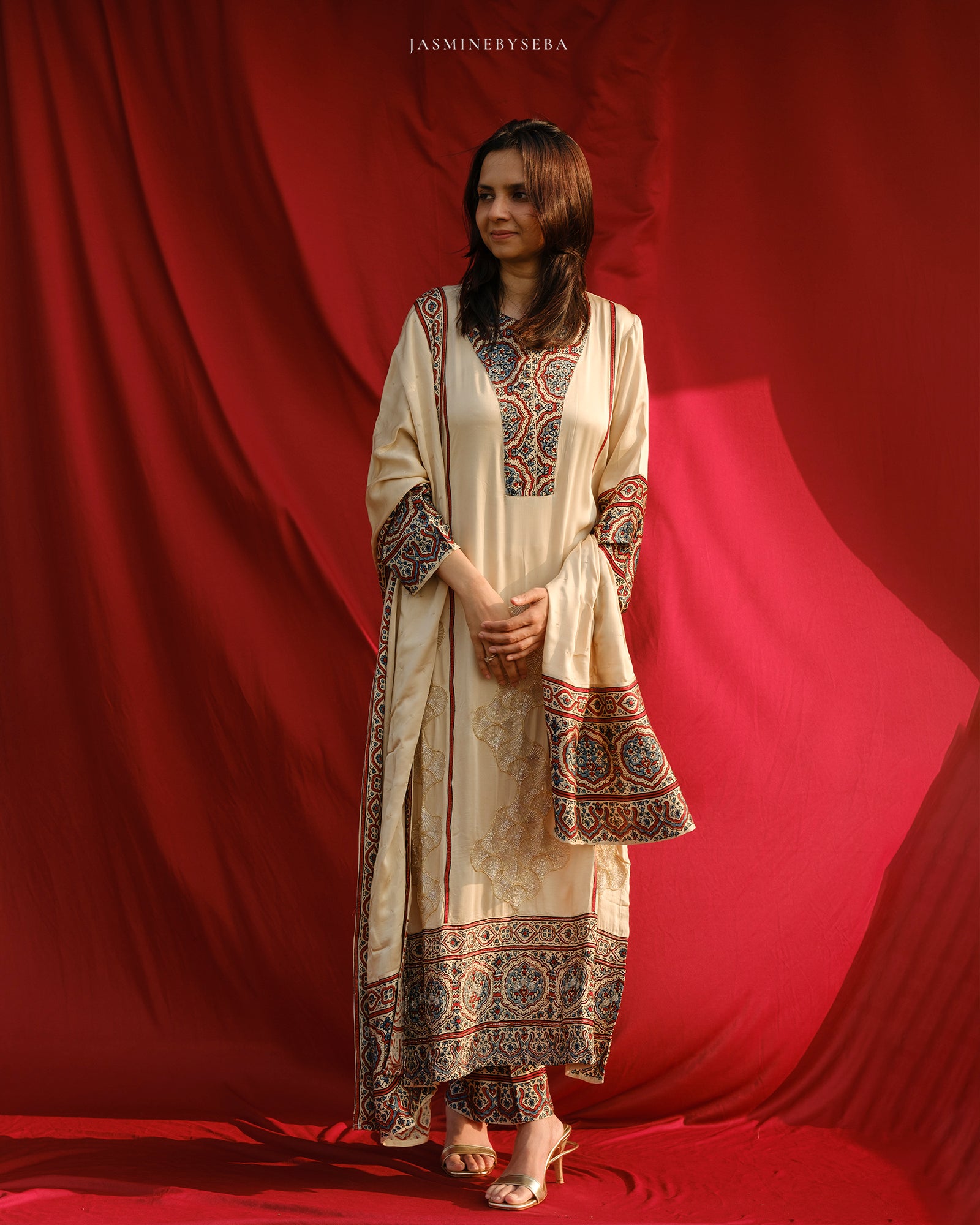 Ajrakh hand block printed modal silk straight cut salwar set with cutbead handwork
