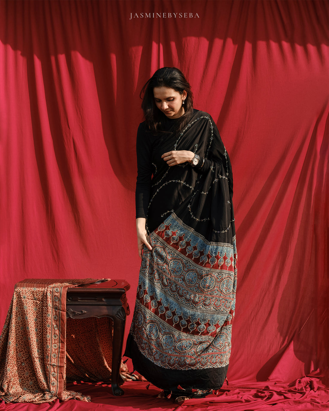 Ajrakh modal silk handworked saree with modal silk handworked dupatta