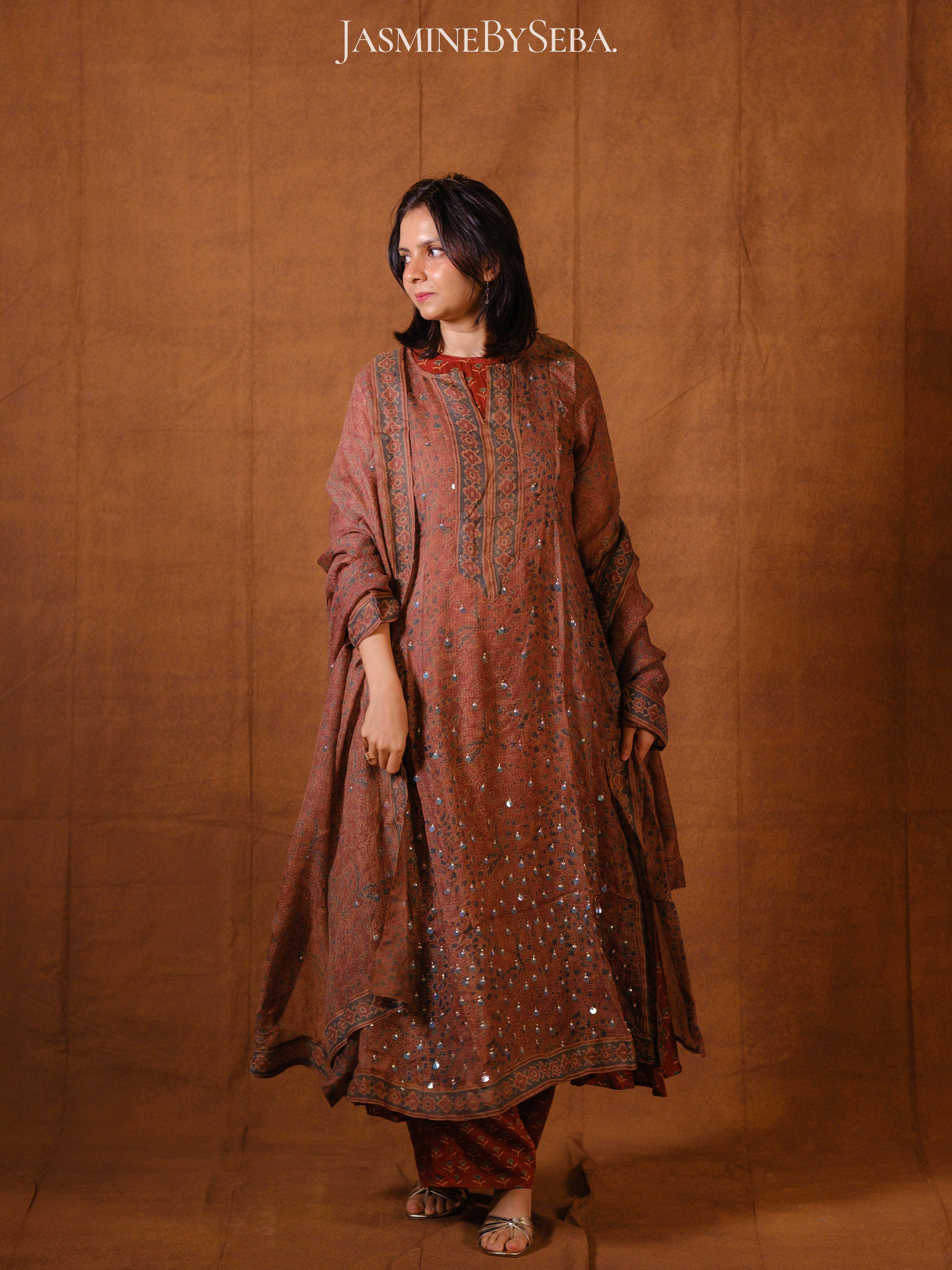Ajrakh hand dyed hand block printed kota silk jacket set with cut bead handwork