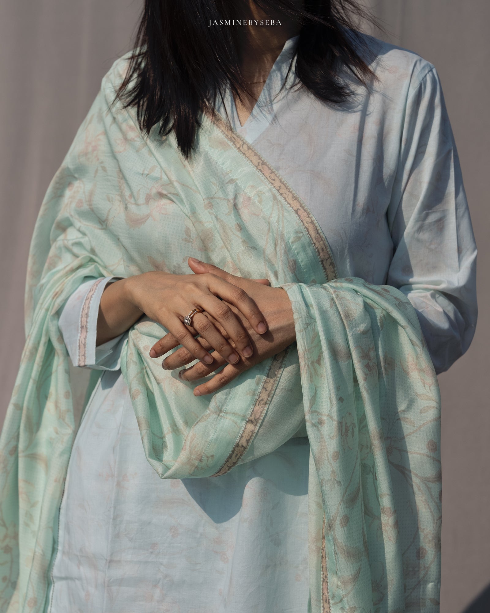 Jasmine in-house printed straight cut set in cotton lawn with modal silk dupatta