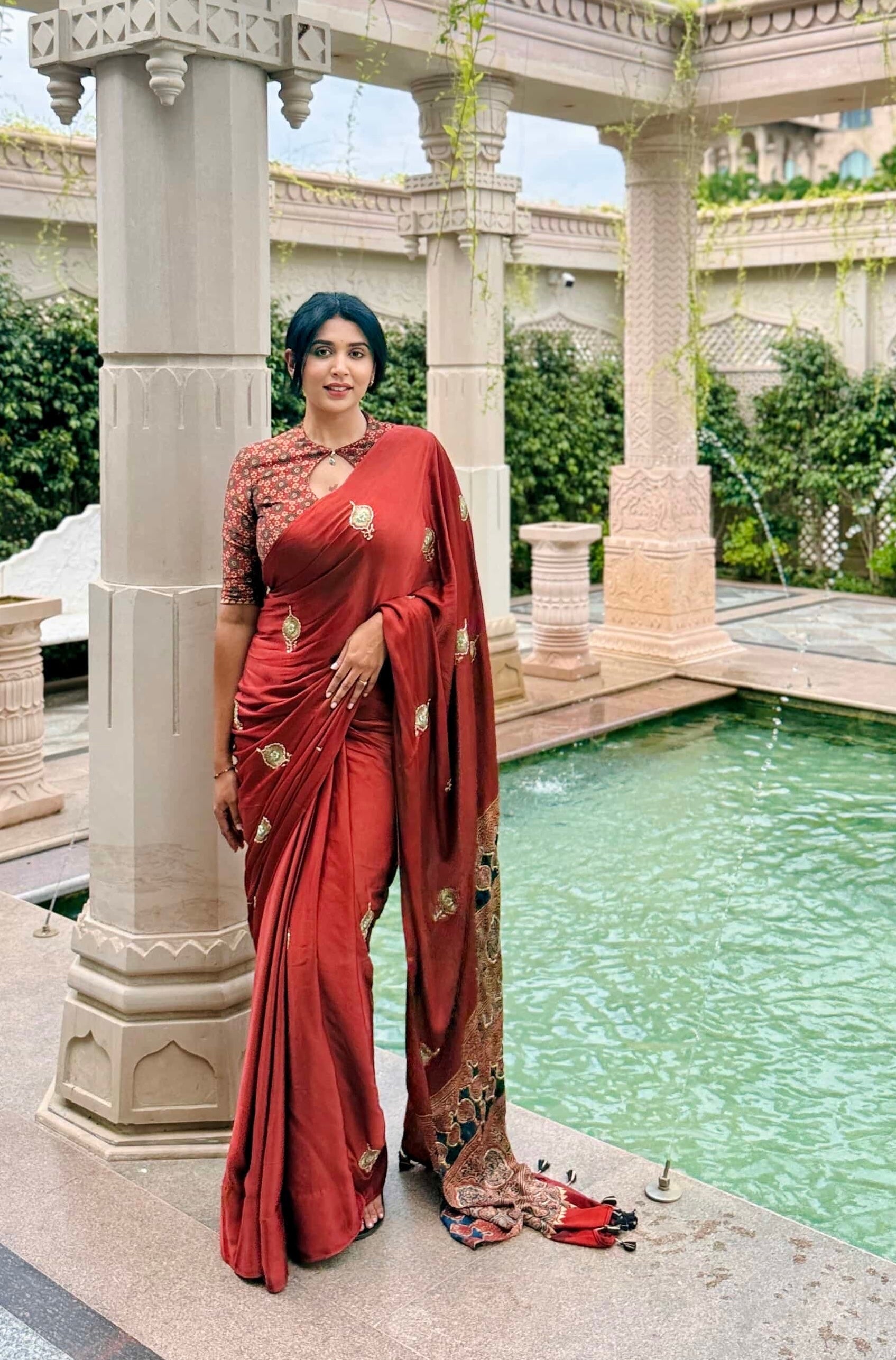 Ajrakh modal silk handworked saree with modal silk handworked dupatta