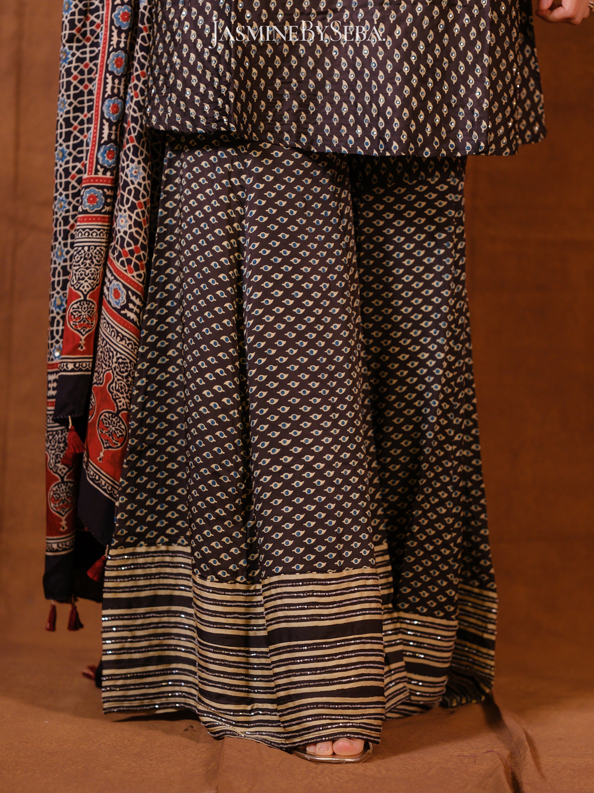 Ajrakh hand dyed hand block printed modal silk sharara set with cut bead handwork