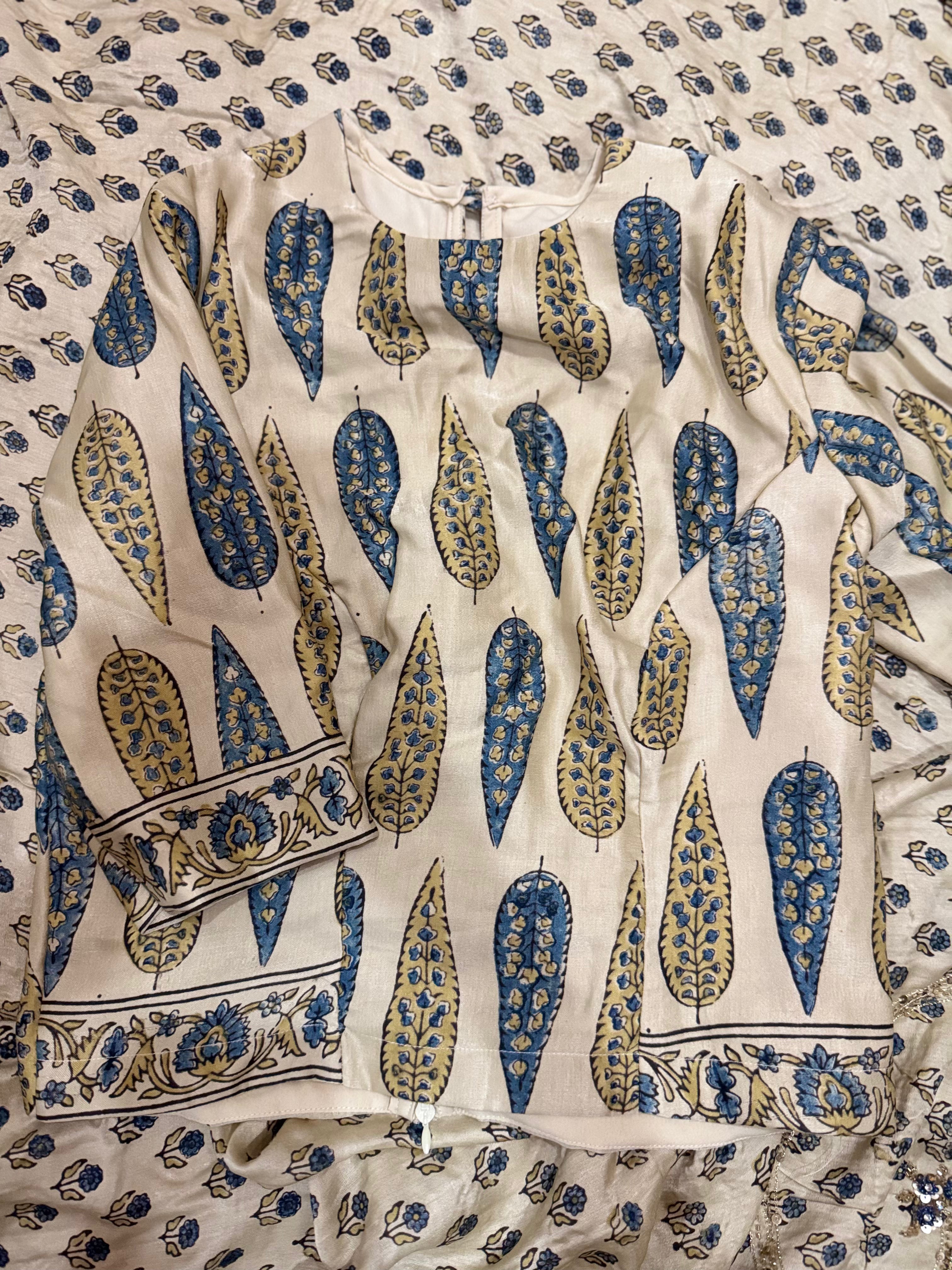 Ajrakh pure handloom gajji silk hand dyed, hand block printed and handworked saree
