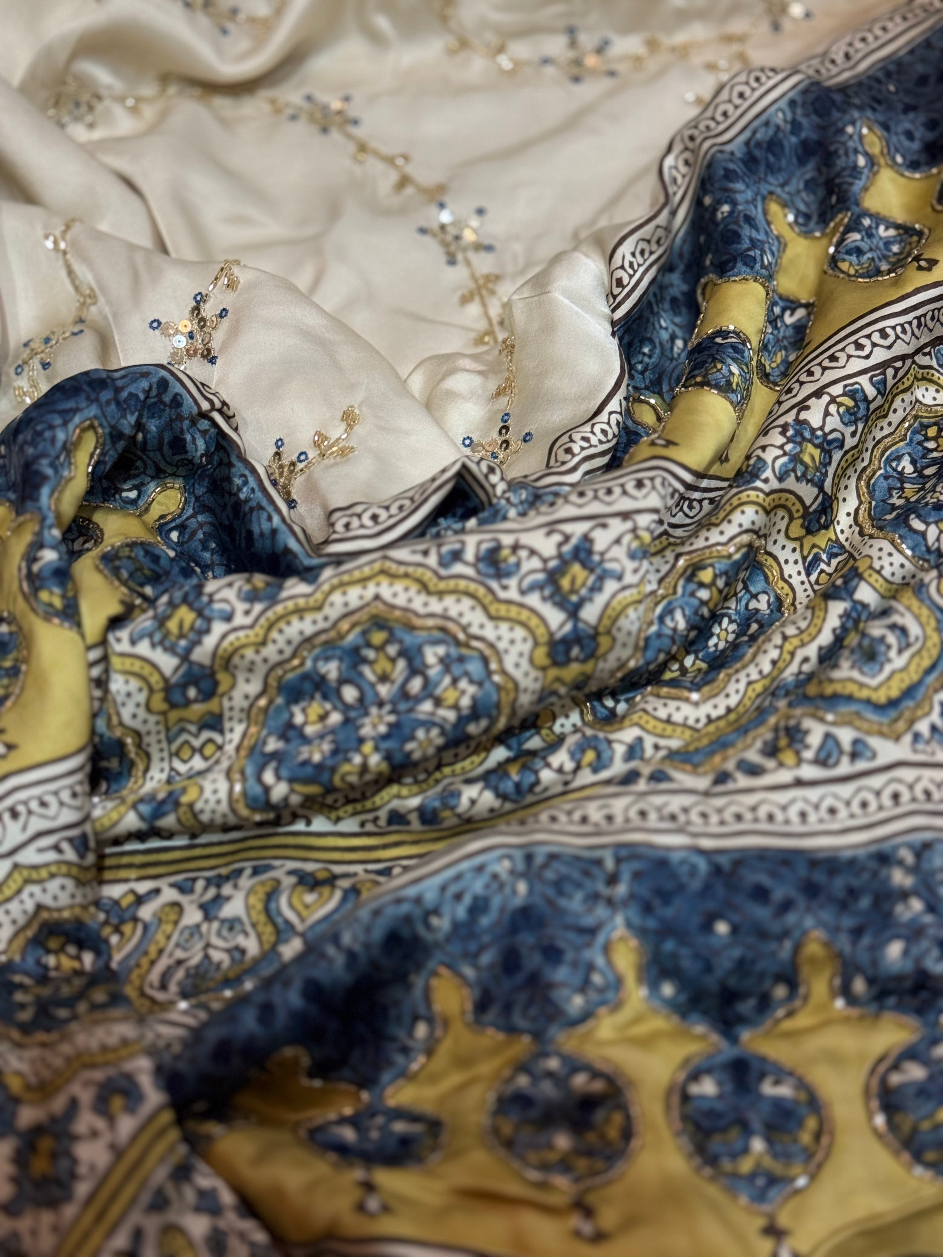 Ajrakh modal silk hand dyed, hand block printed and handworked saree