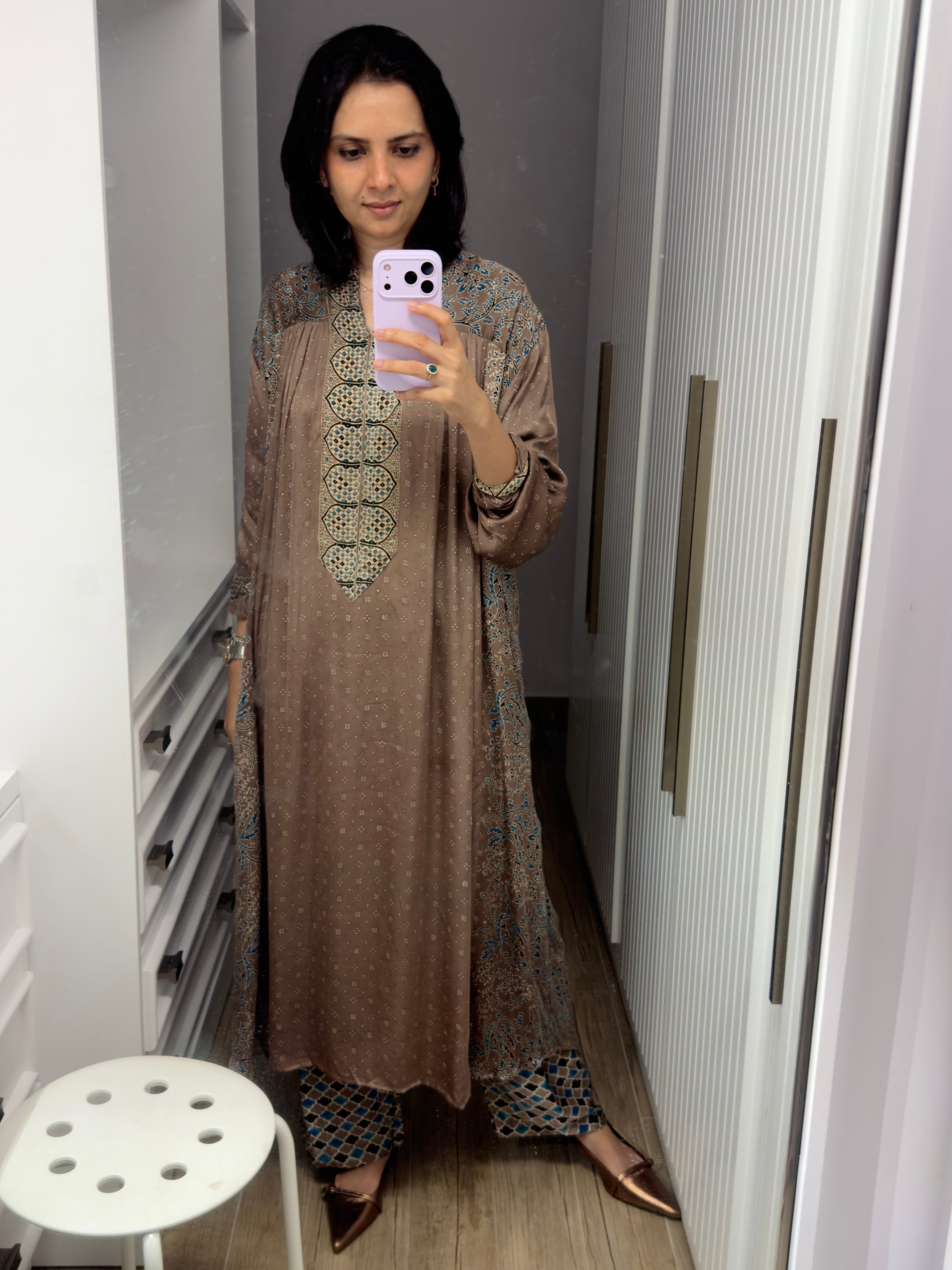 Ajrakh hand dyed hand block printed modal silk maxi dress