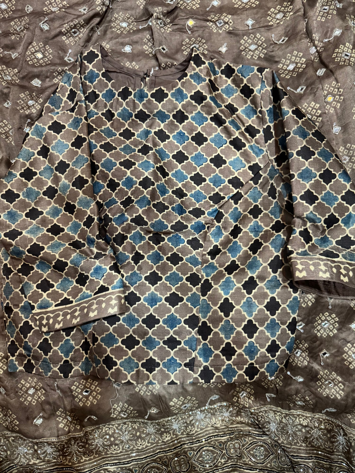 Ajrakh pure handloom gajji silk hand dyed, hand block printed and handworked saree