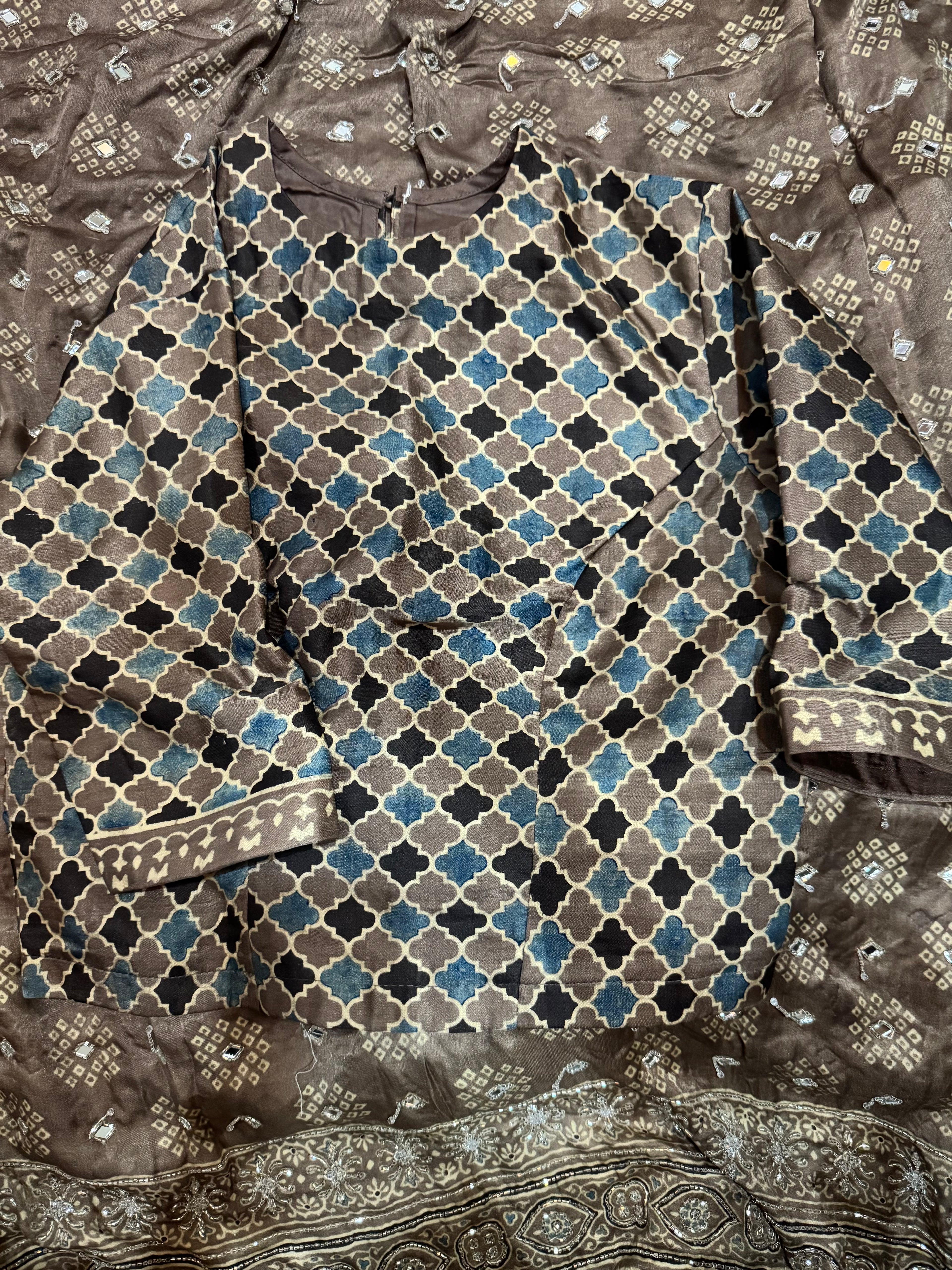 Ajrakh pure handloom gajji silk hand dyed, hand block printed and handworked saree