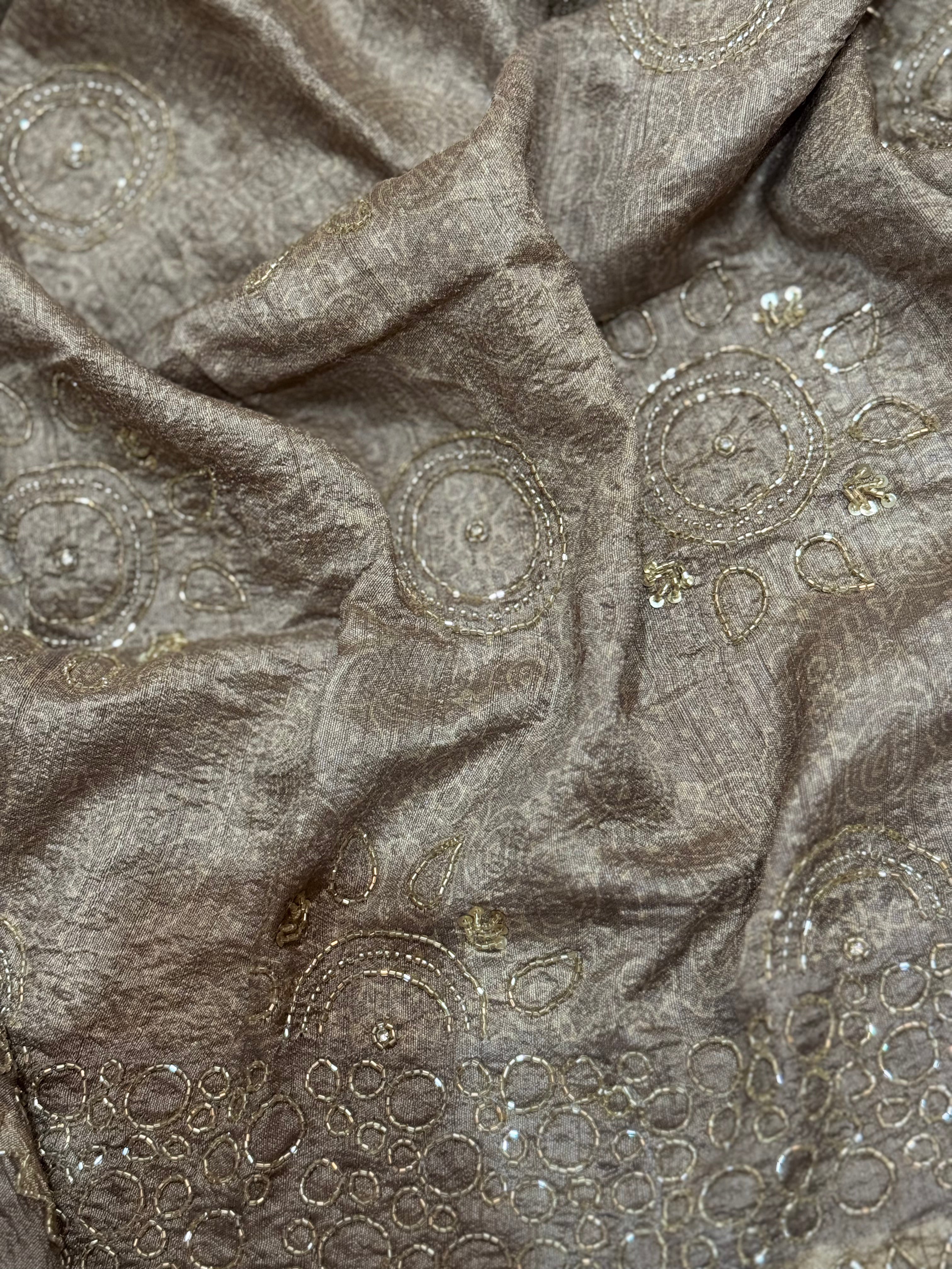 Ajrakh pure handloom tussar silk hand dyed, hand block printed and handworked saree