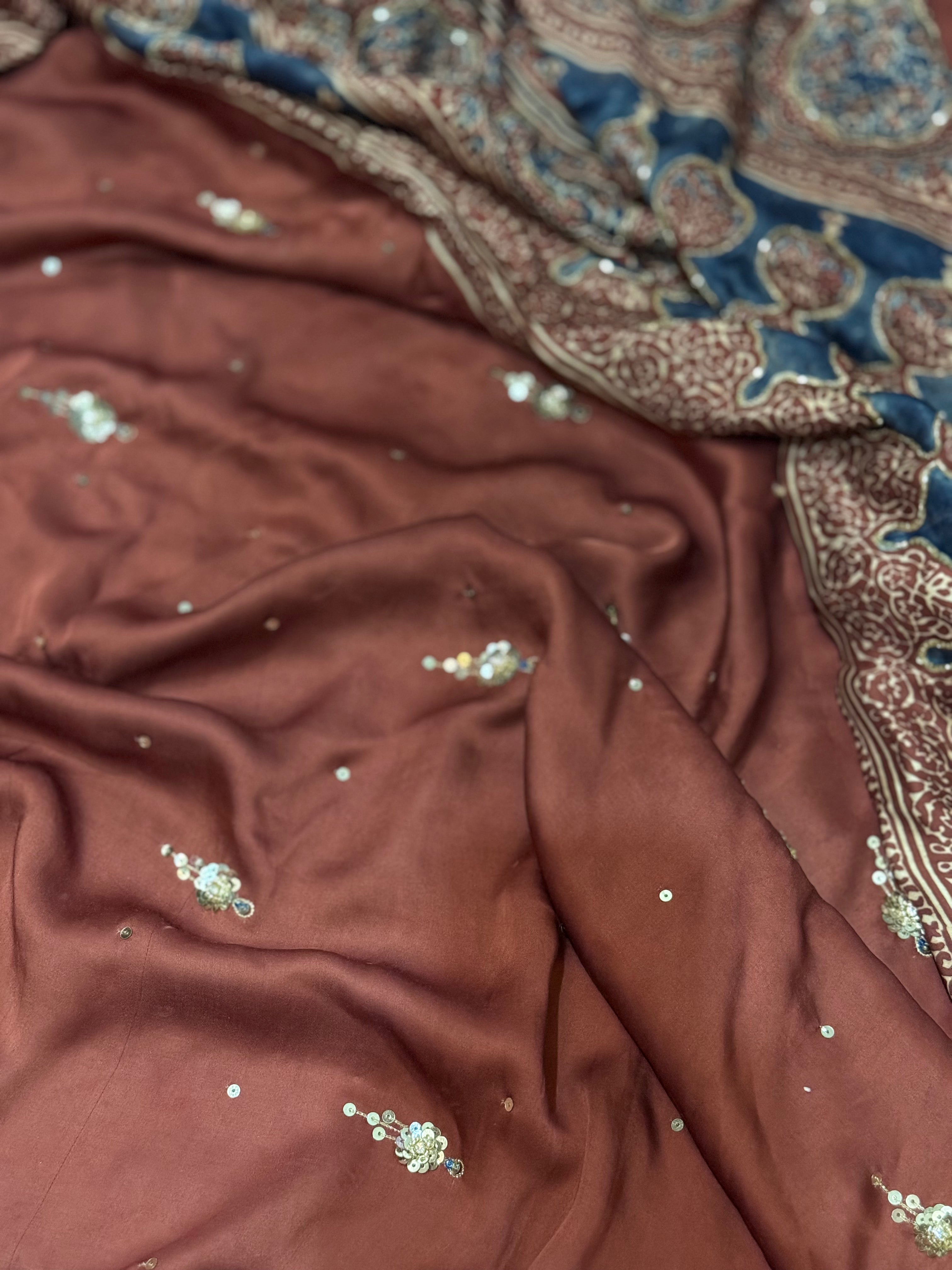 Ajrakh modal silk handworked saree with modal silk handworked dupatta