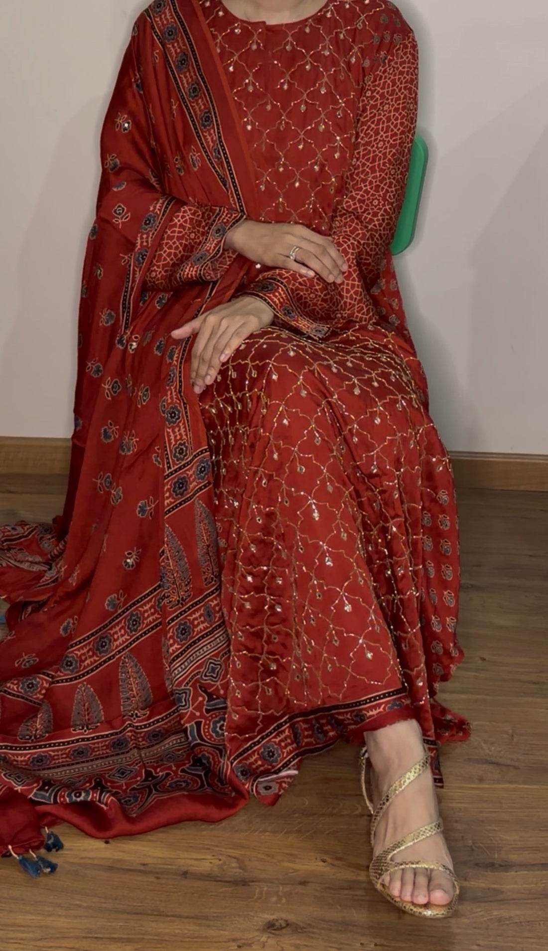 Ajrakh hand block printed modal silk A line salwar set with zardosi handwork