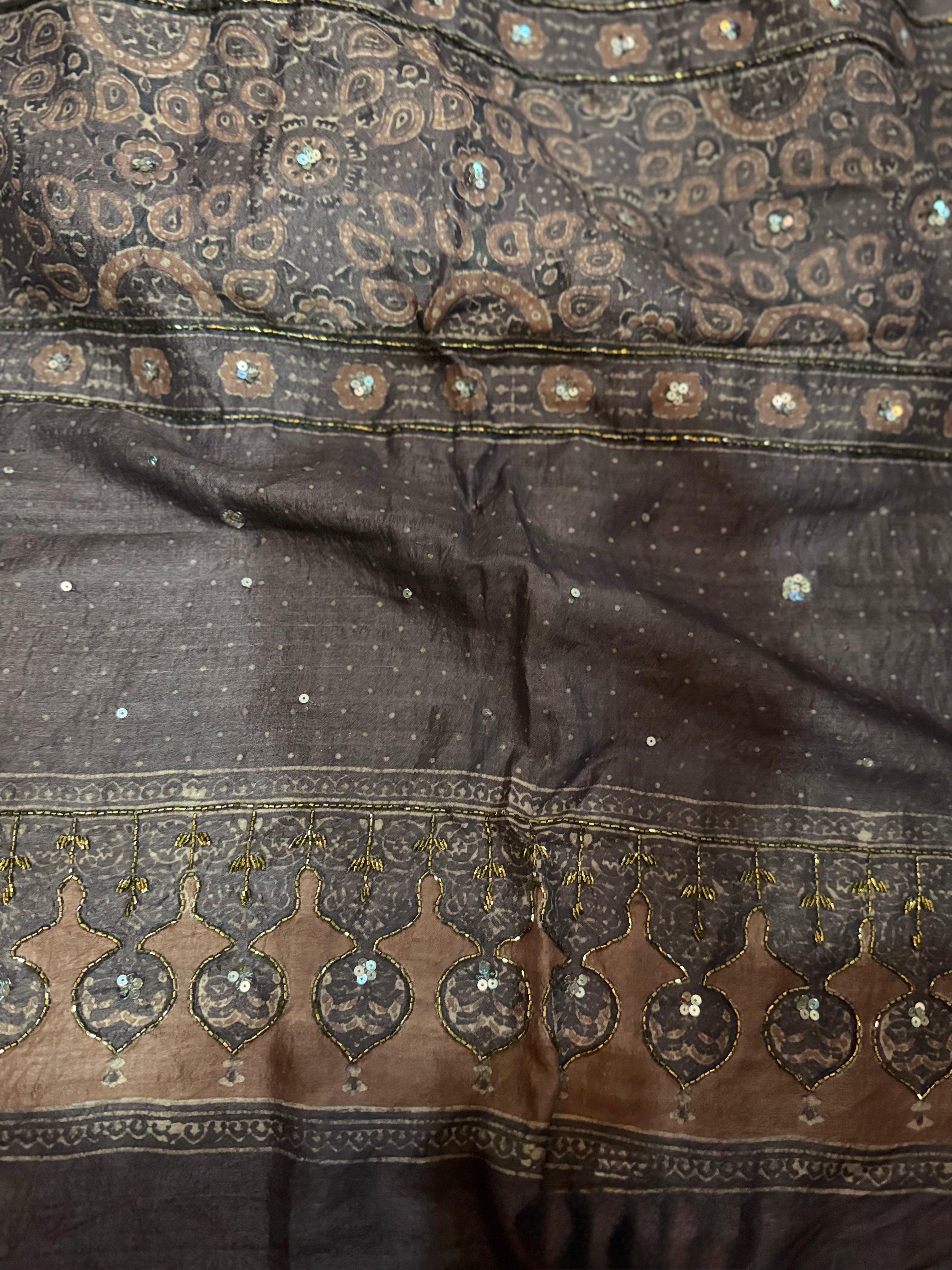 Ajrakh tussar silk hand dyed, hand block printed and handworked saree