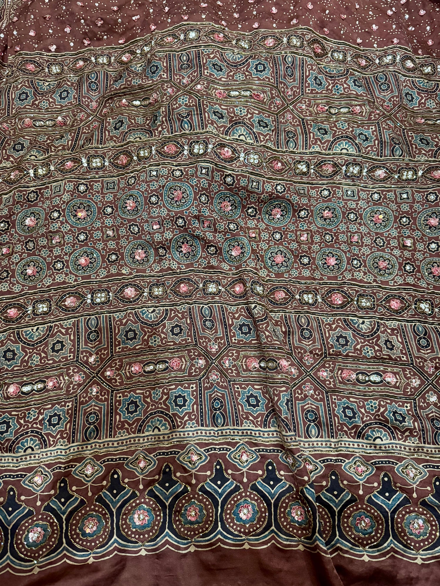 Ajrakh pure handloom gajji silk hand dyed, hand block printed and handworked saree