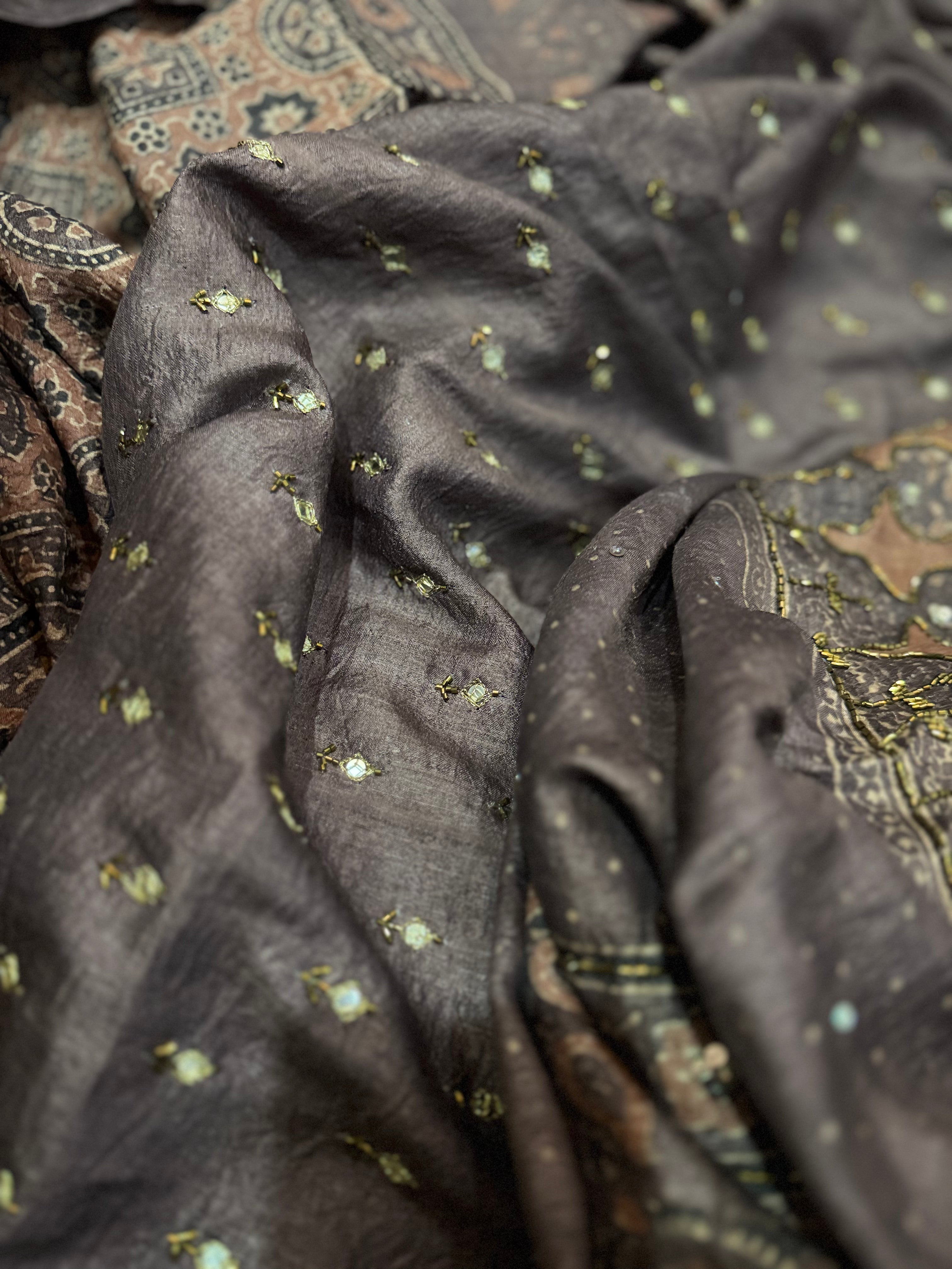 Ajrakh tussar silk hand dyed, hand block printed and handworked saree