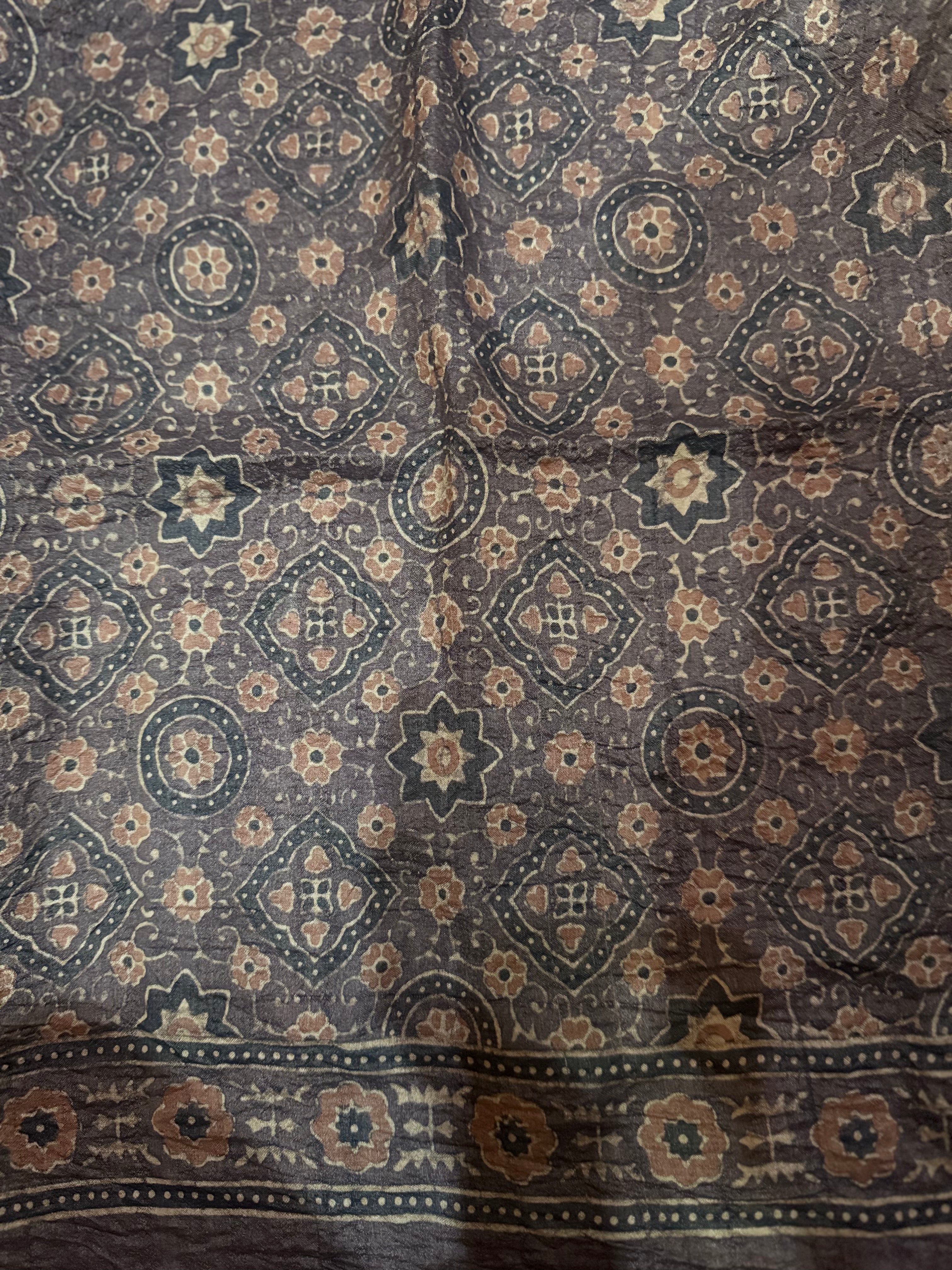 Ajrakh tussar silk hand dyed, hand block printed and handworked saree