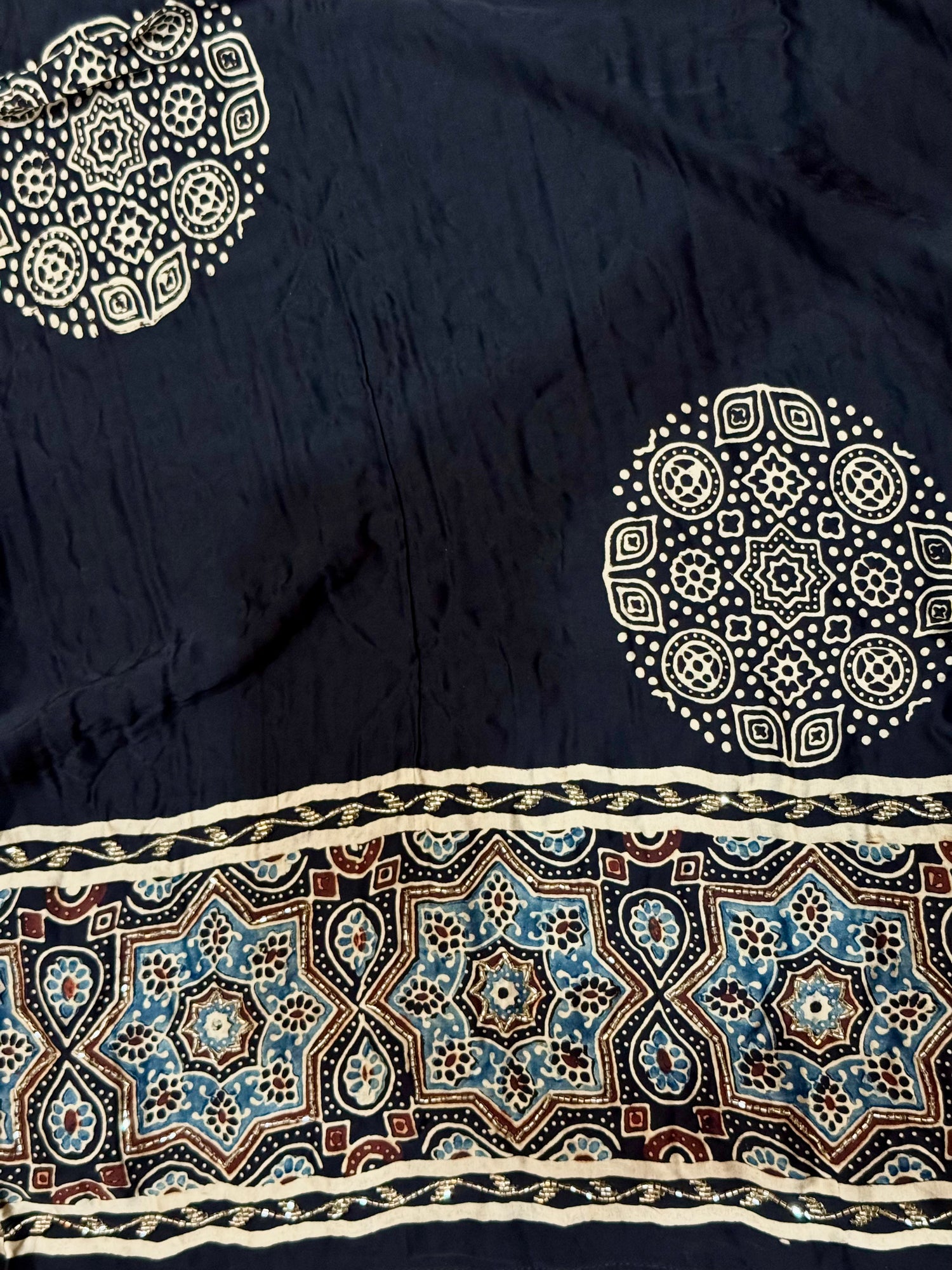 Ajrakh pure modal silk hand dyed, hand block printed and handworked saree