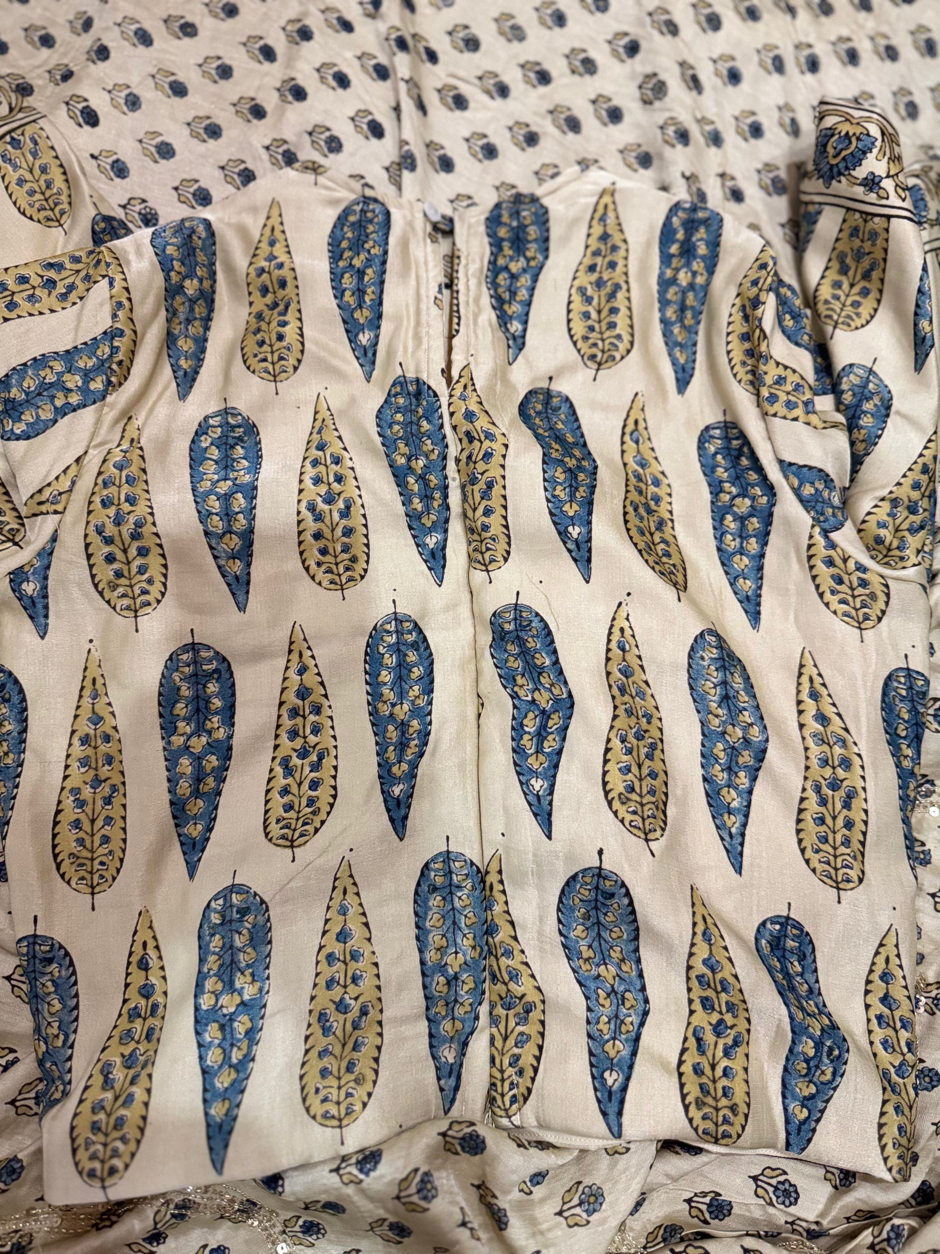 Ajrakh pure handloom gajji silk hand dyed, hand block printed and handworked saree