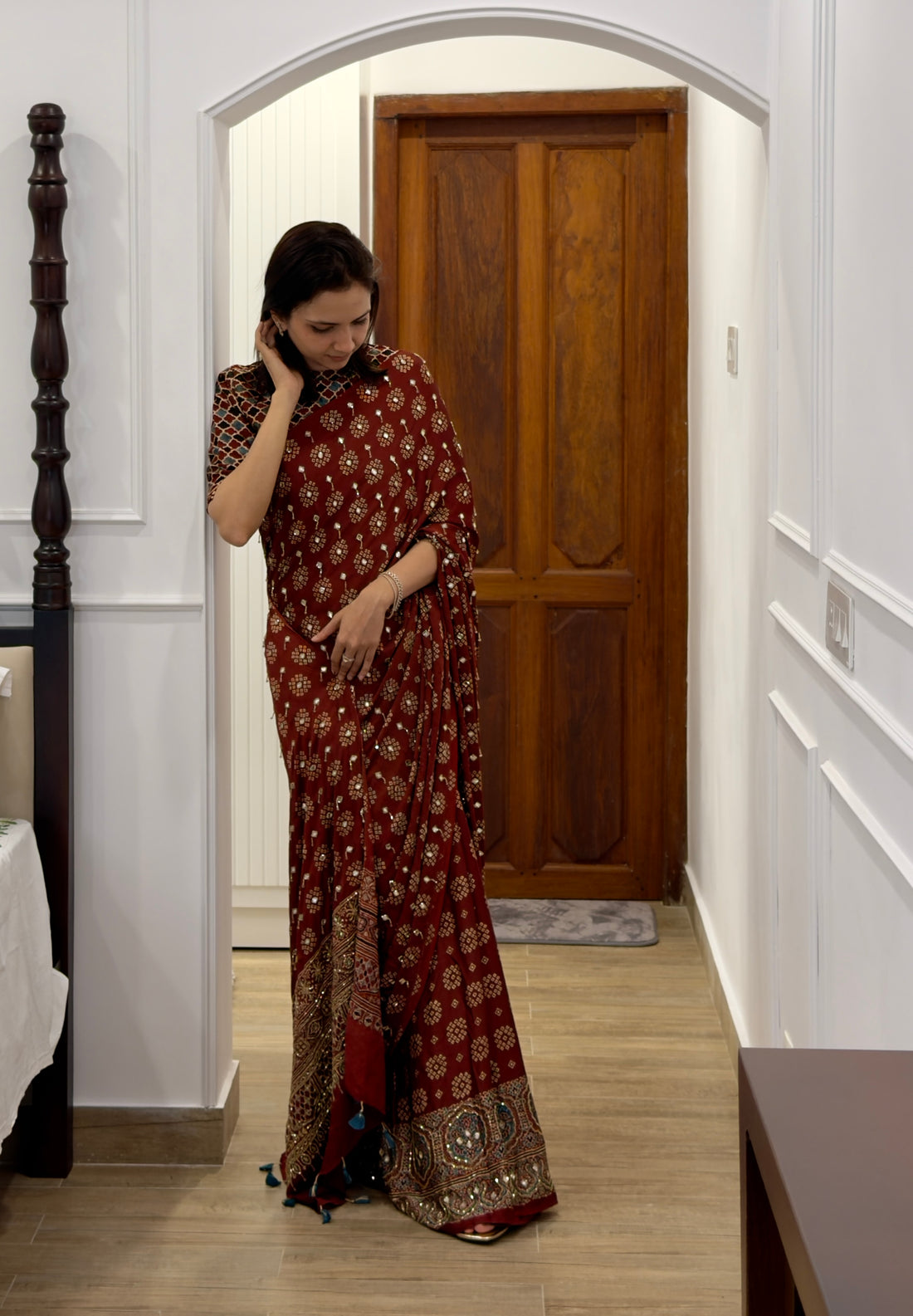 Ajrakh pure modal silk hand dyed, hand block printed and handworked saree