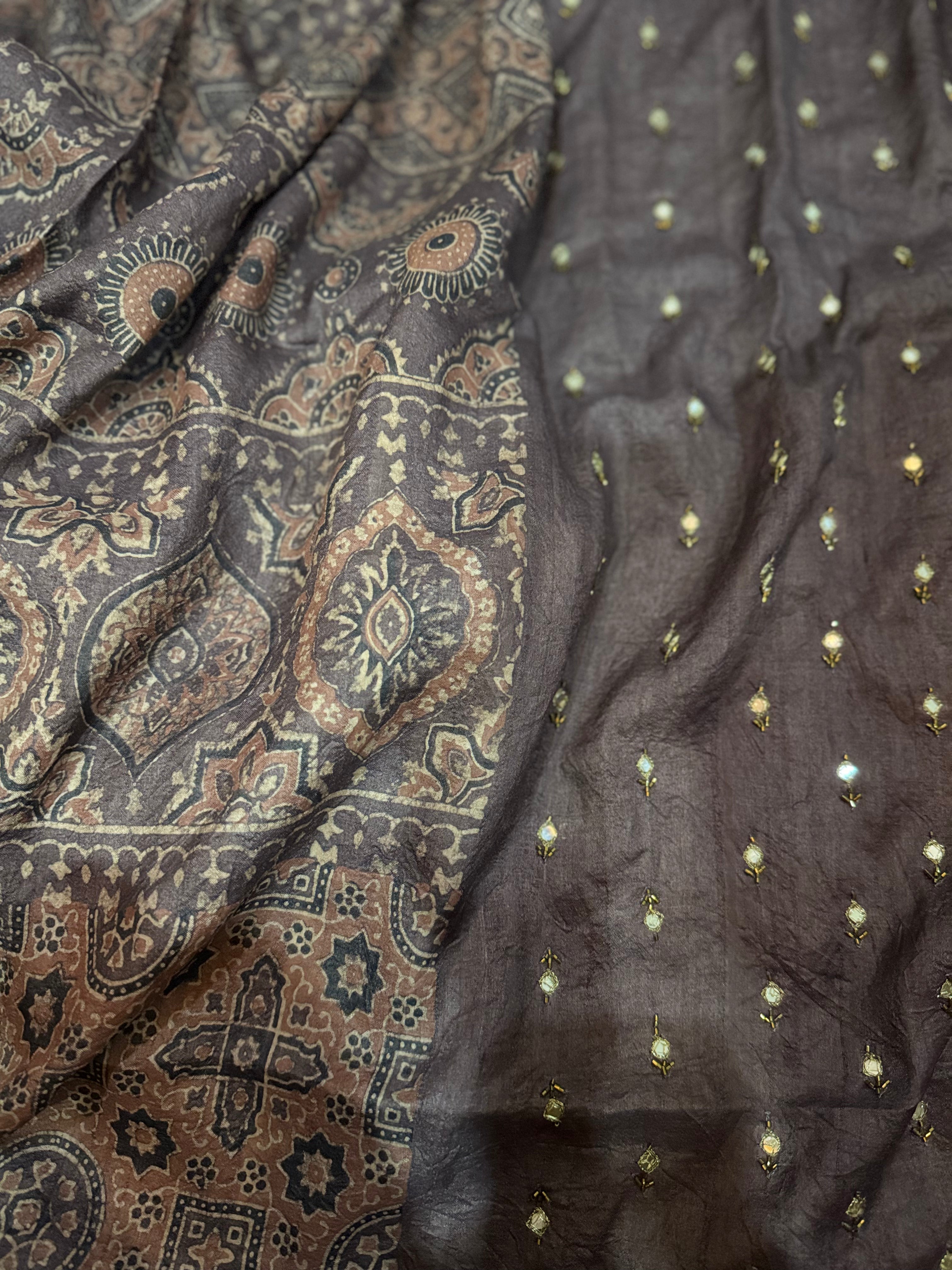 Ajrakh tussar silk hand dyed, hand block printed and handworked saree