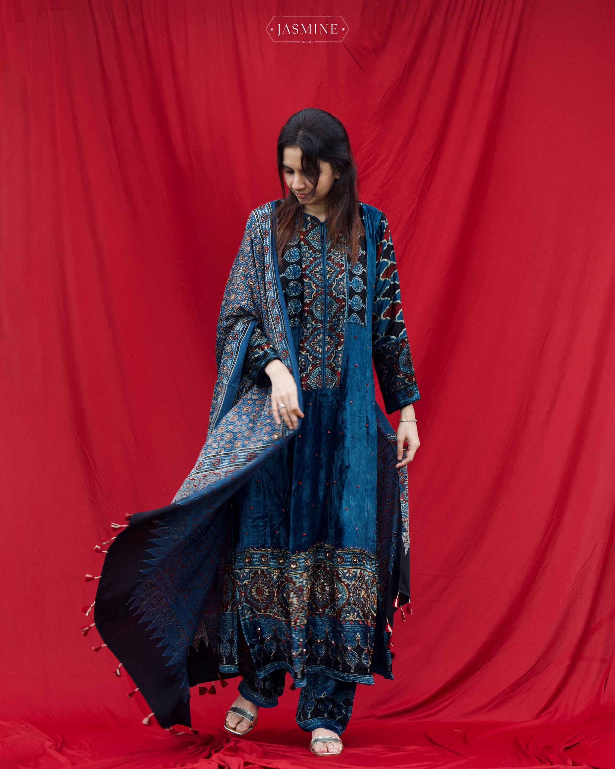 Ajrakh hand block printed velvet silk panel cut salwar set with cutbead handwork