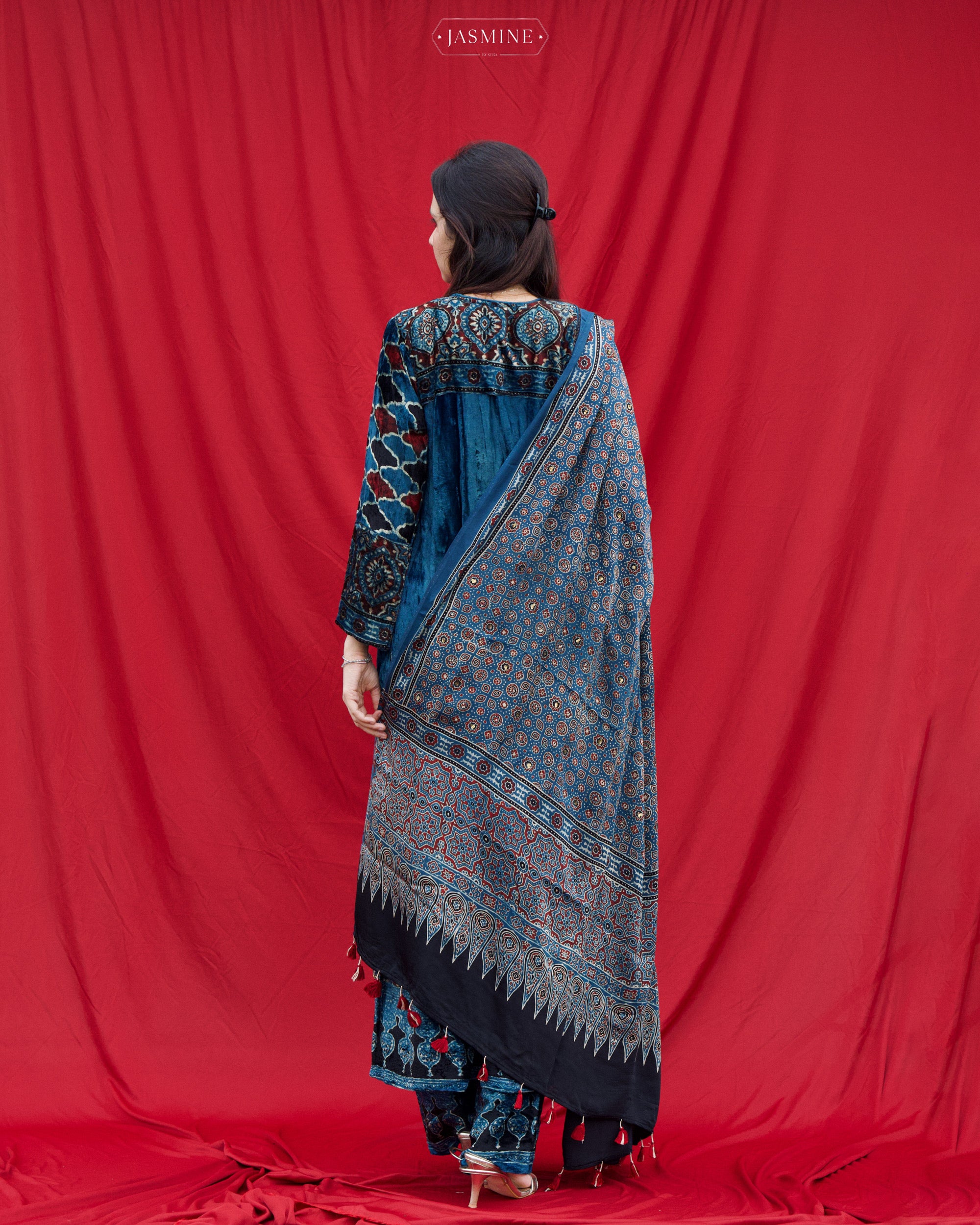 Ajrakh hand block printed velvet silk panel cut salwar set with cutbead handwork