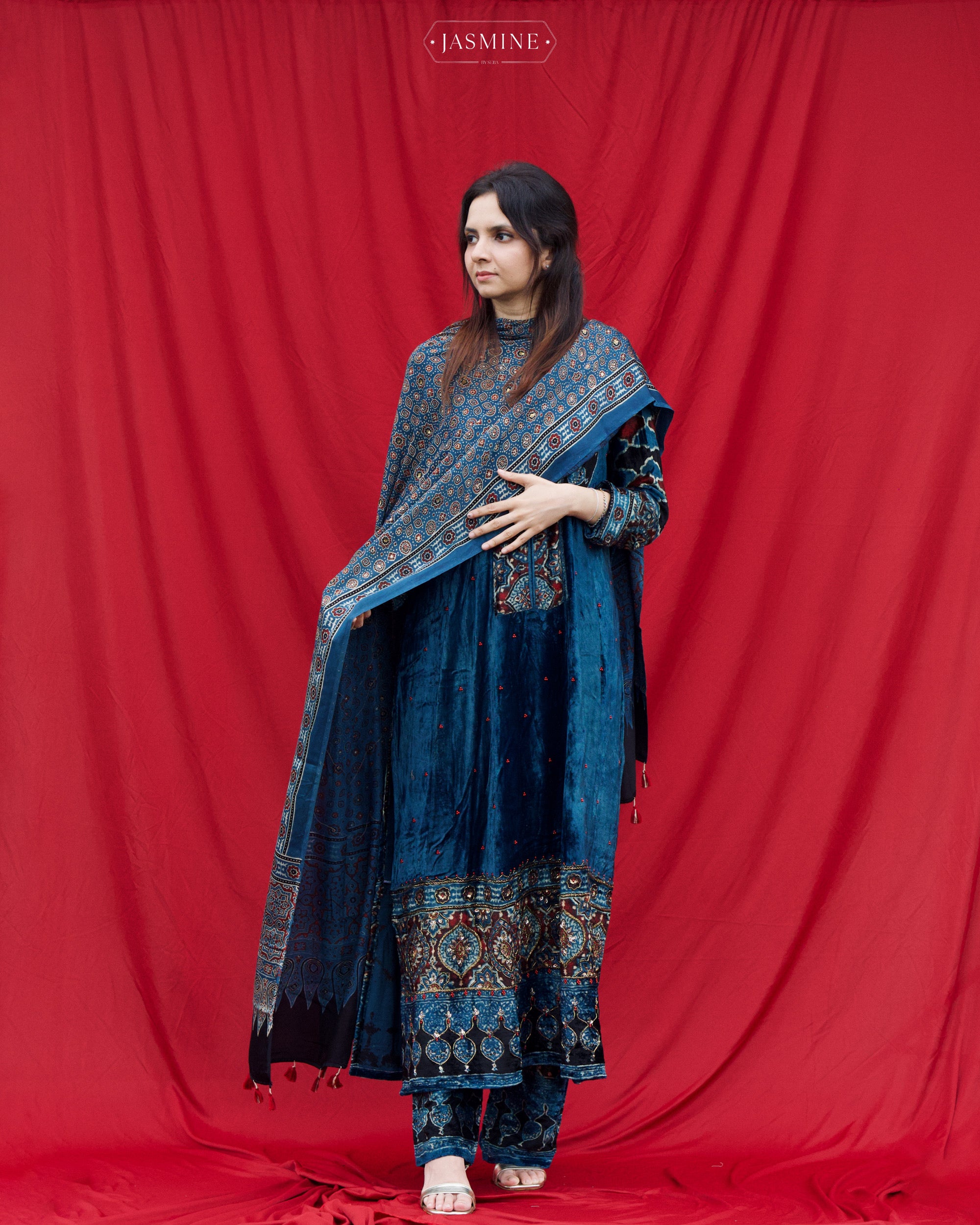 Ajrakh hand block printed velvet silk panel cut salwar set with cutbead handwork