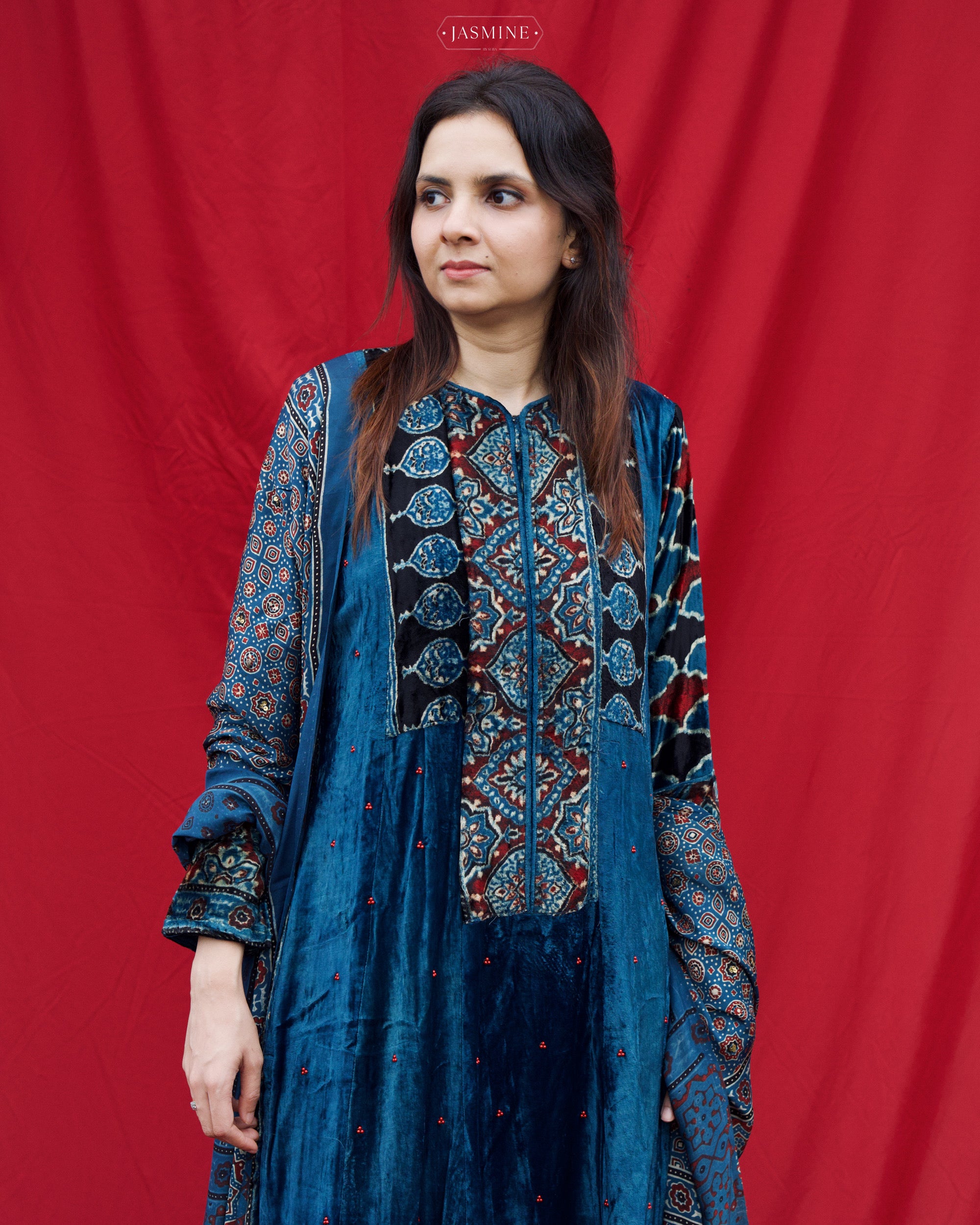 Ajrakh hand block printed velvet silk panel cut salwar set with cutbead handwork