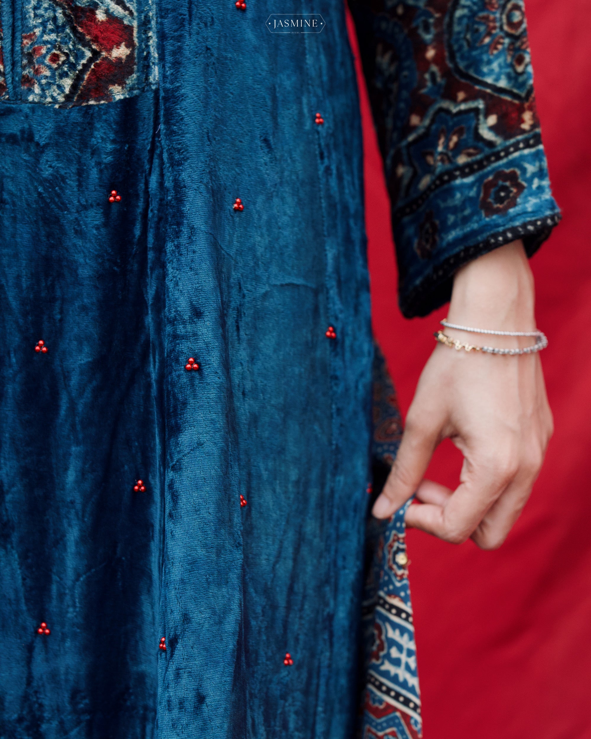 Ajrakh hand block printed velvet silk panel cut salwar set with cutbead handwork