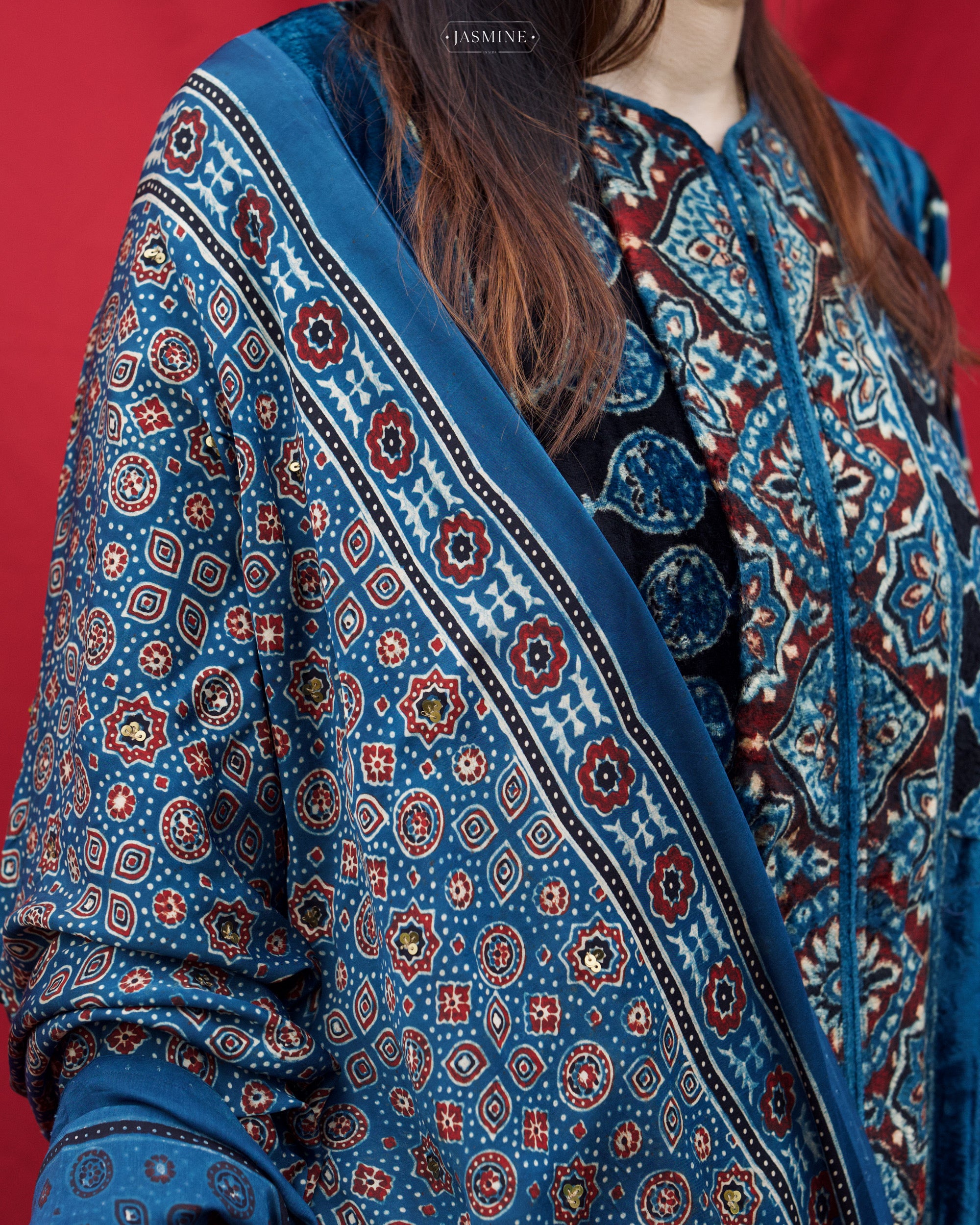 Ajrakh hand block printed velvet silk panel cut salwar set with cutbead handwork