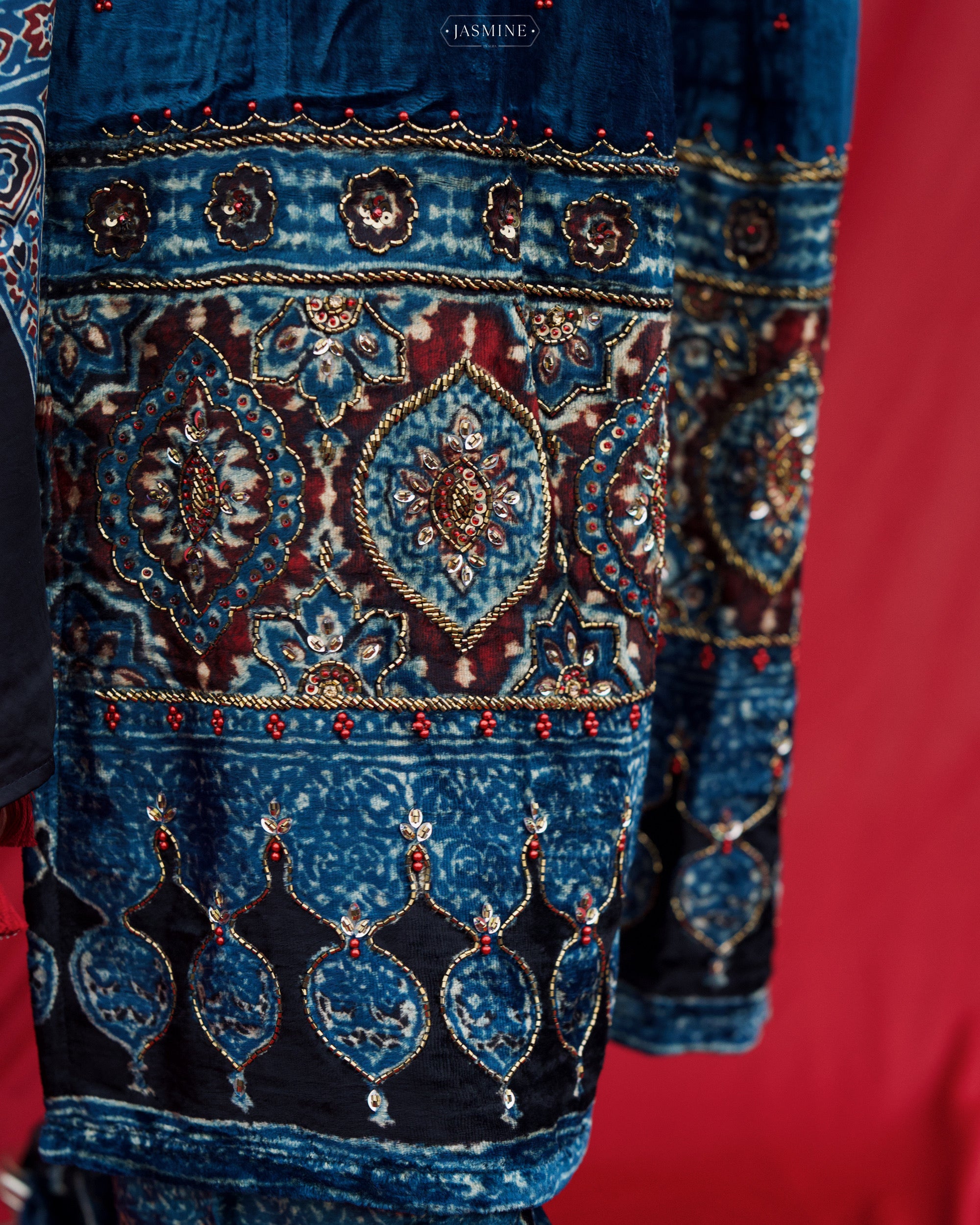 Ajrakh hand block printed velvet silk panel cut salwar set with cutbead handwork