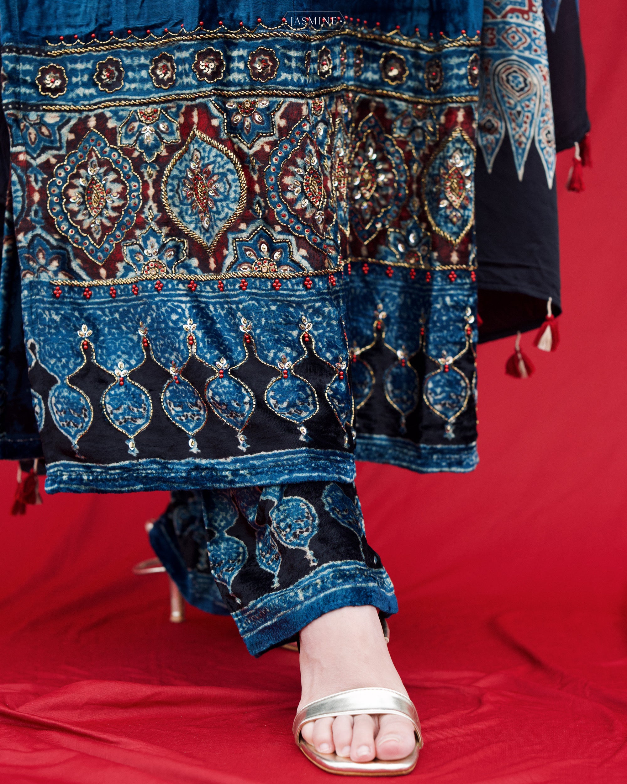 Ajrakh hand block printed velvet silk panel cut salwar set with cutbead handwork