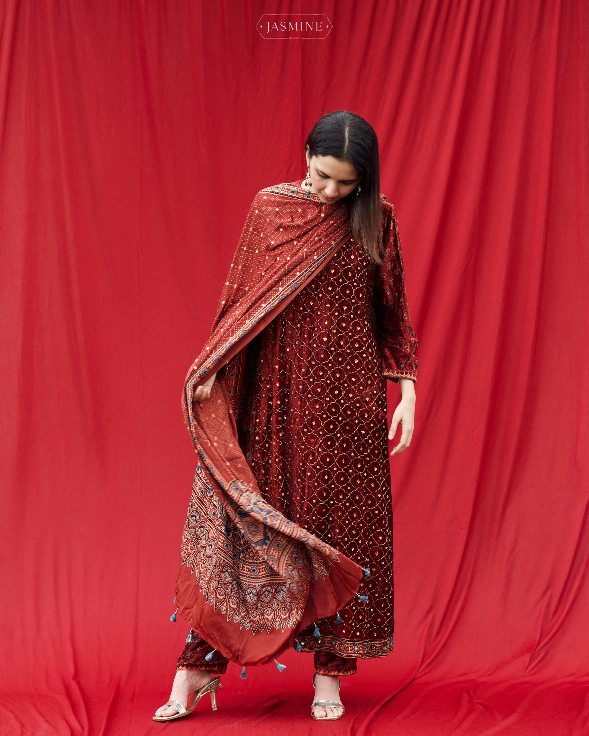 Ajrakh hand block printed velvet silk panel cut salwar set with cutbead handwork