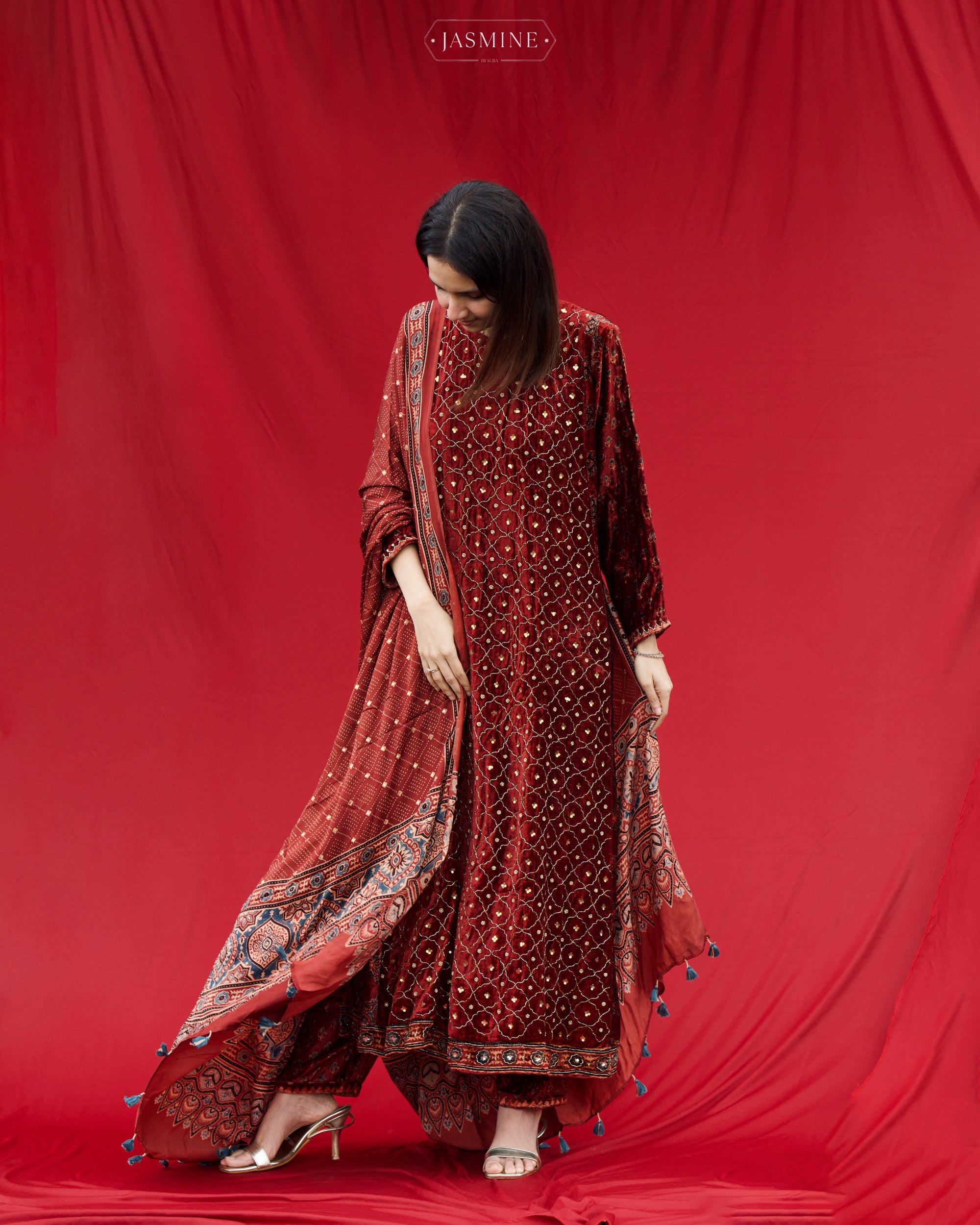 Ajrakh hand block printed velvet silk panel cut salwar set with cutbead handwork