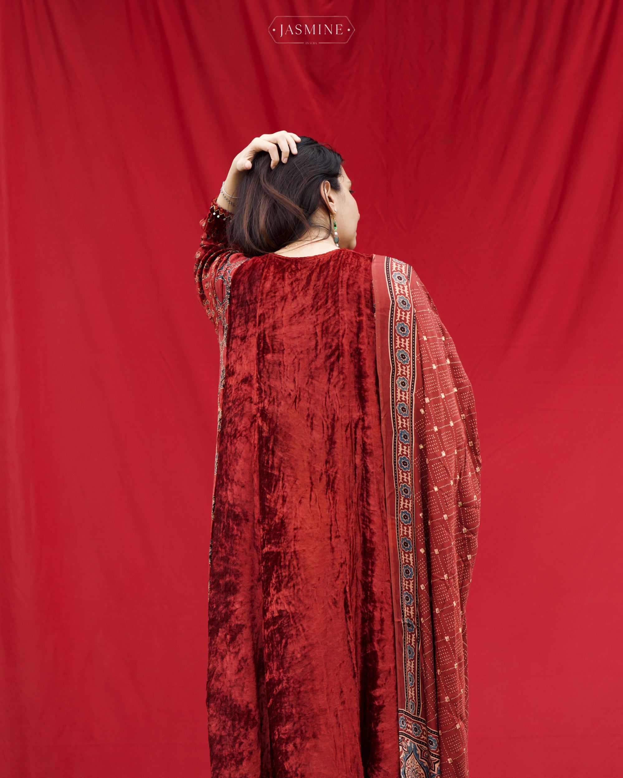 Ajrakh hand block printed velvet silk panel cut salwar set with cutbead handwork