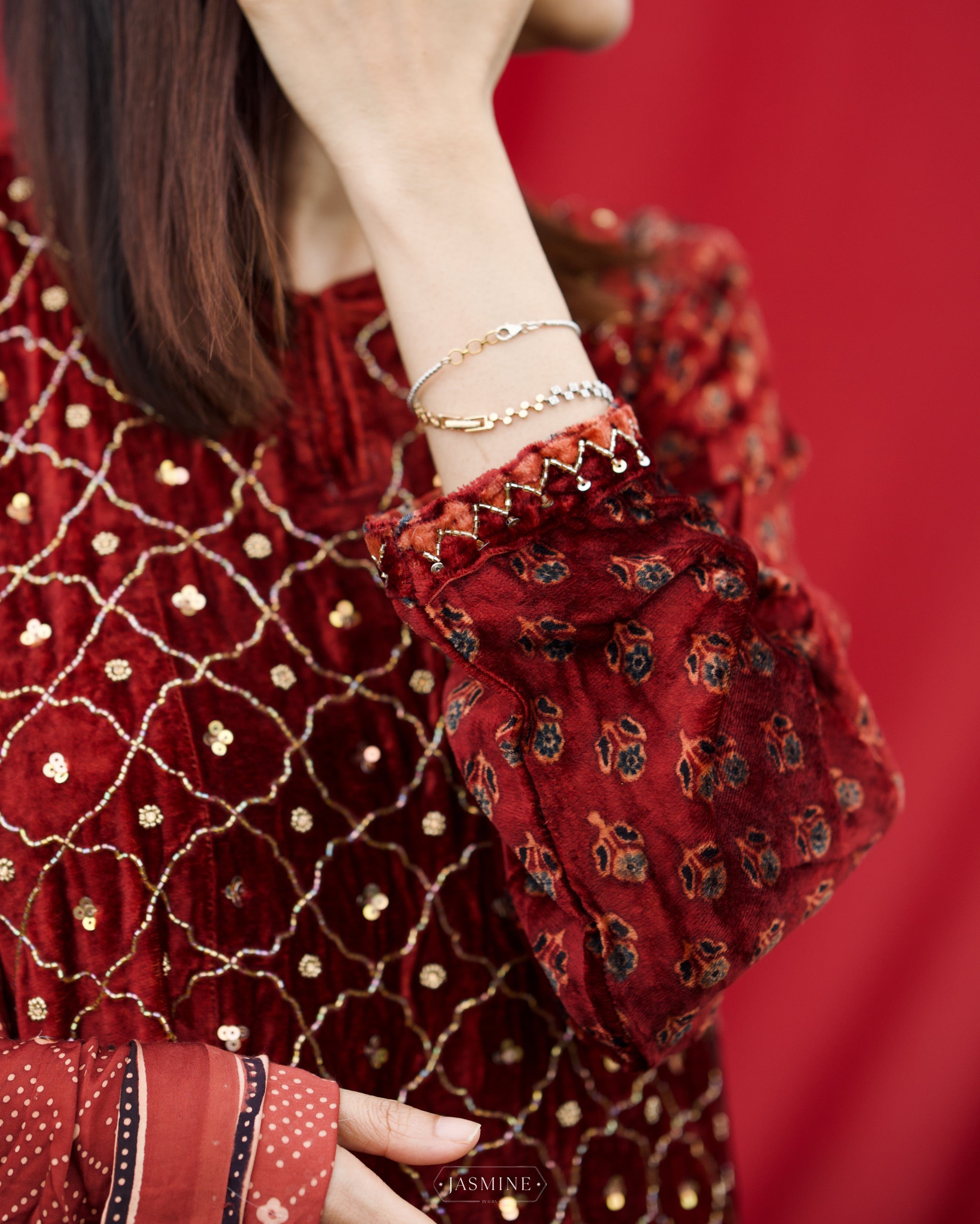 Ajrakh hand block printed velvet silk panel cut salwar set with cutbead handwork