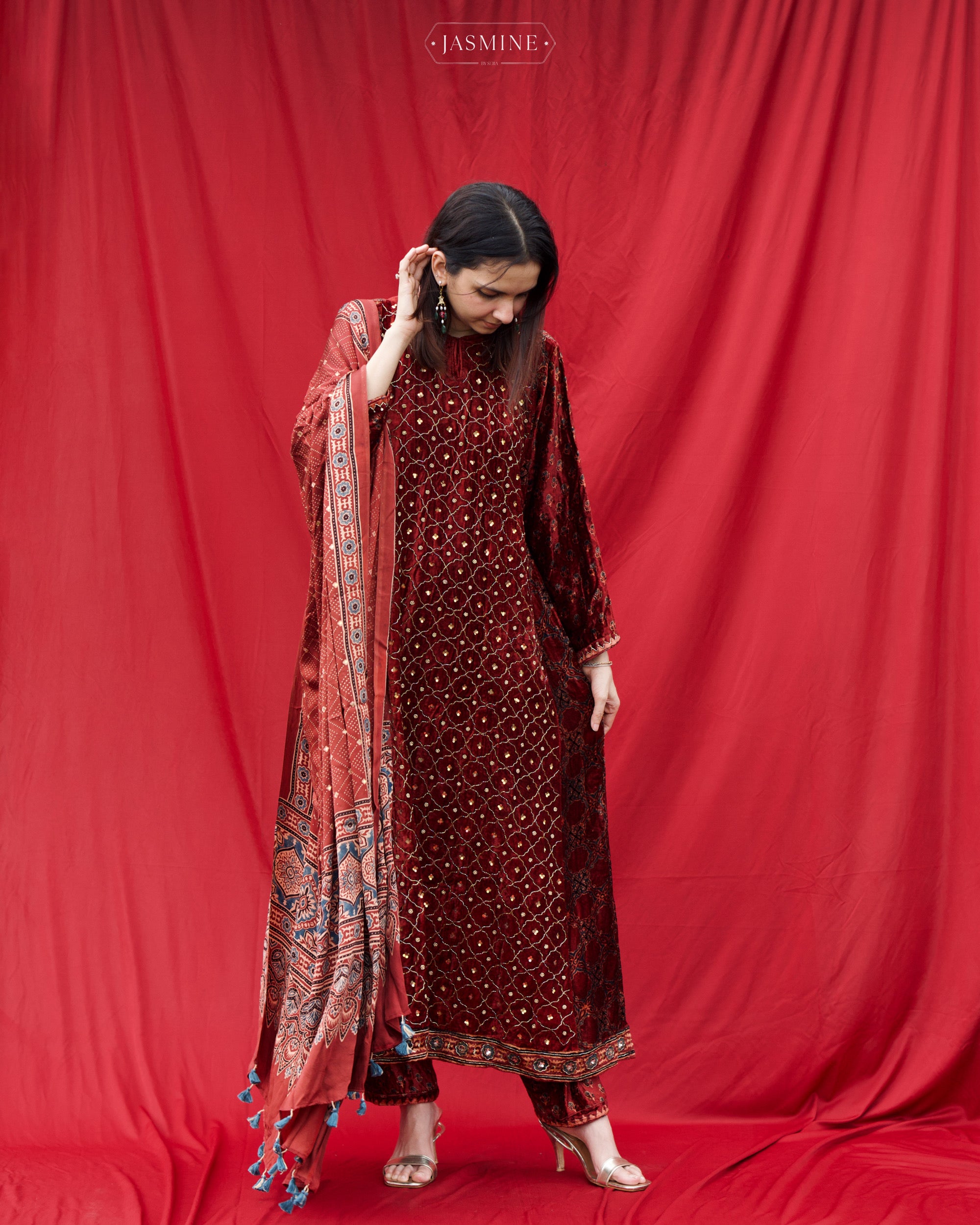 Ajrakh hand block printed velvet silk panel cut salwar set with cutbead handwork