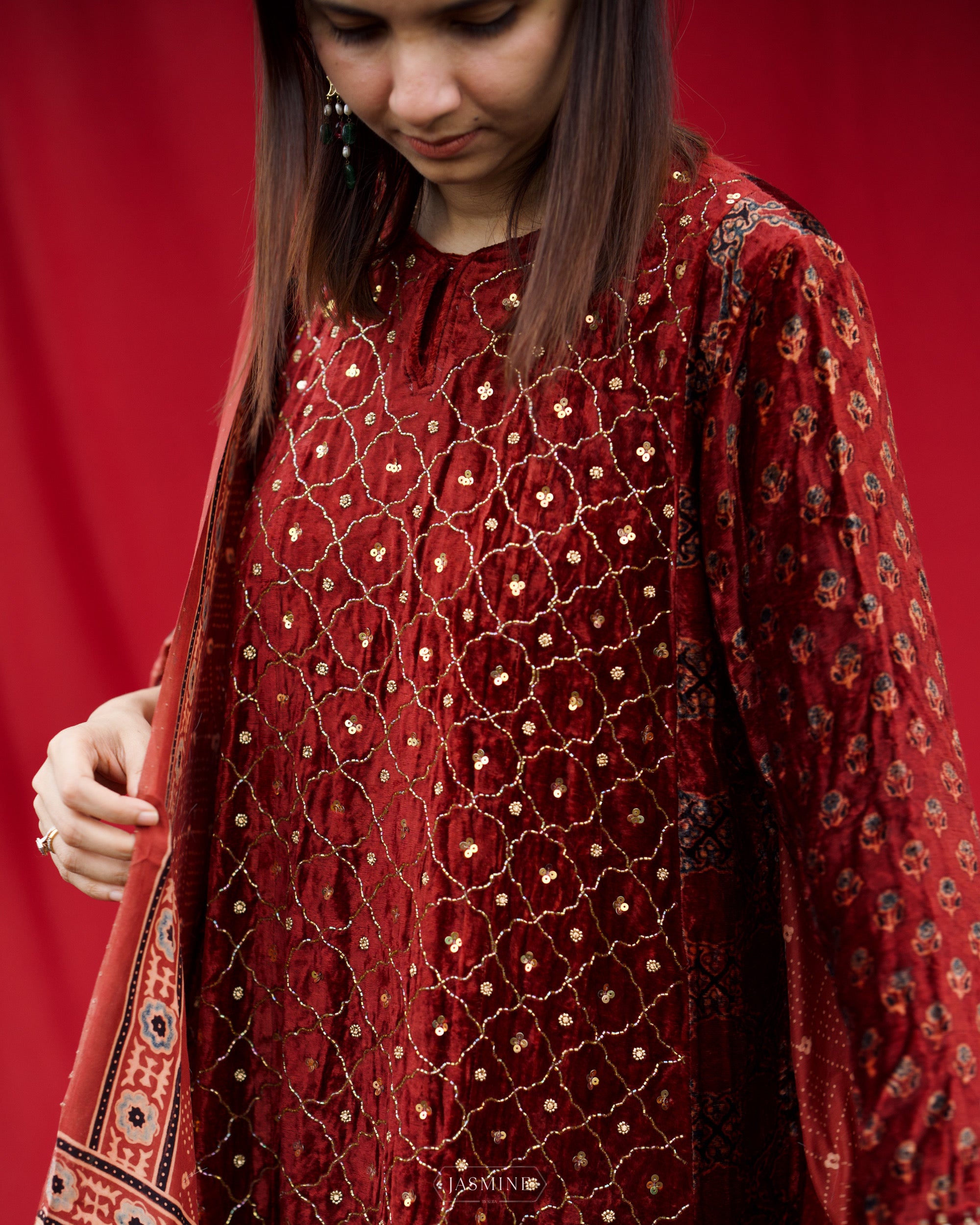 Ajrakh hand block printed velvet silk panel cut salwar set with cutbead handwork