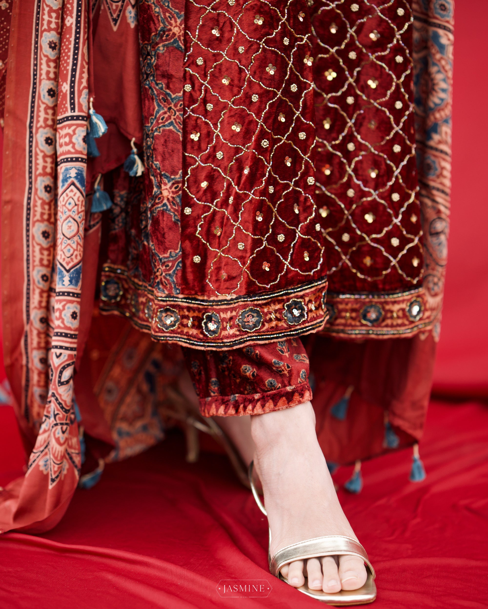 Ajrakh hand block printed velvet silk panel cut salwar set with cutbead handwork