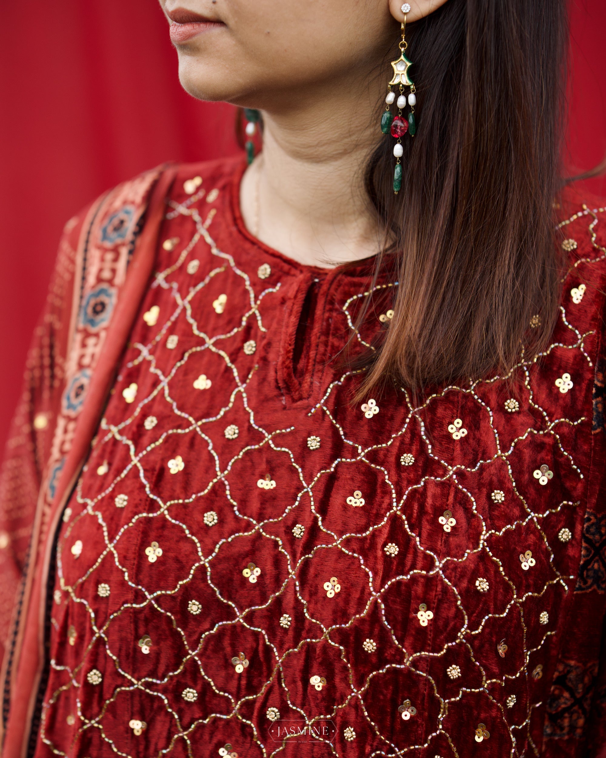 Ajrakh hand block printed velvet silk panel cut salwar set with cutbead handwork