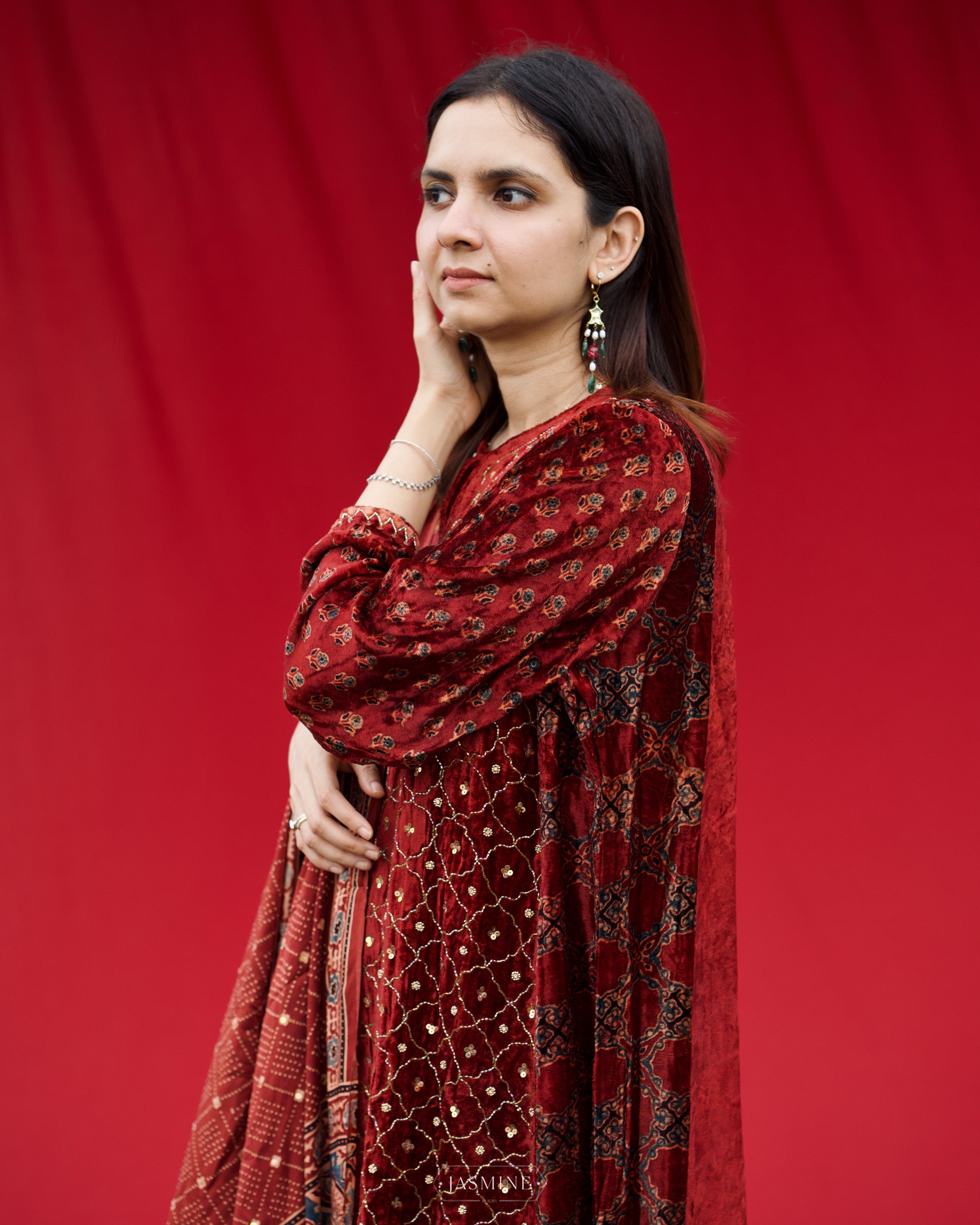 Ajrakh hand block printed velvet silk panel cut salwar set with cutbead handwork