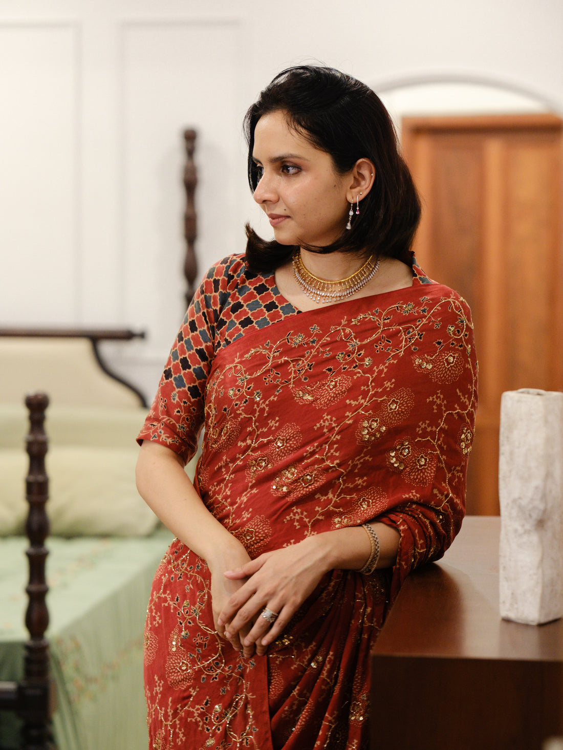 Ajrakh bridal pure handloom gajji silk hand dyed, hand block printed and handworked saree